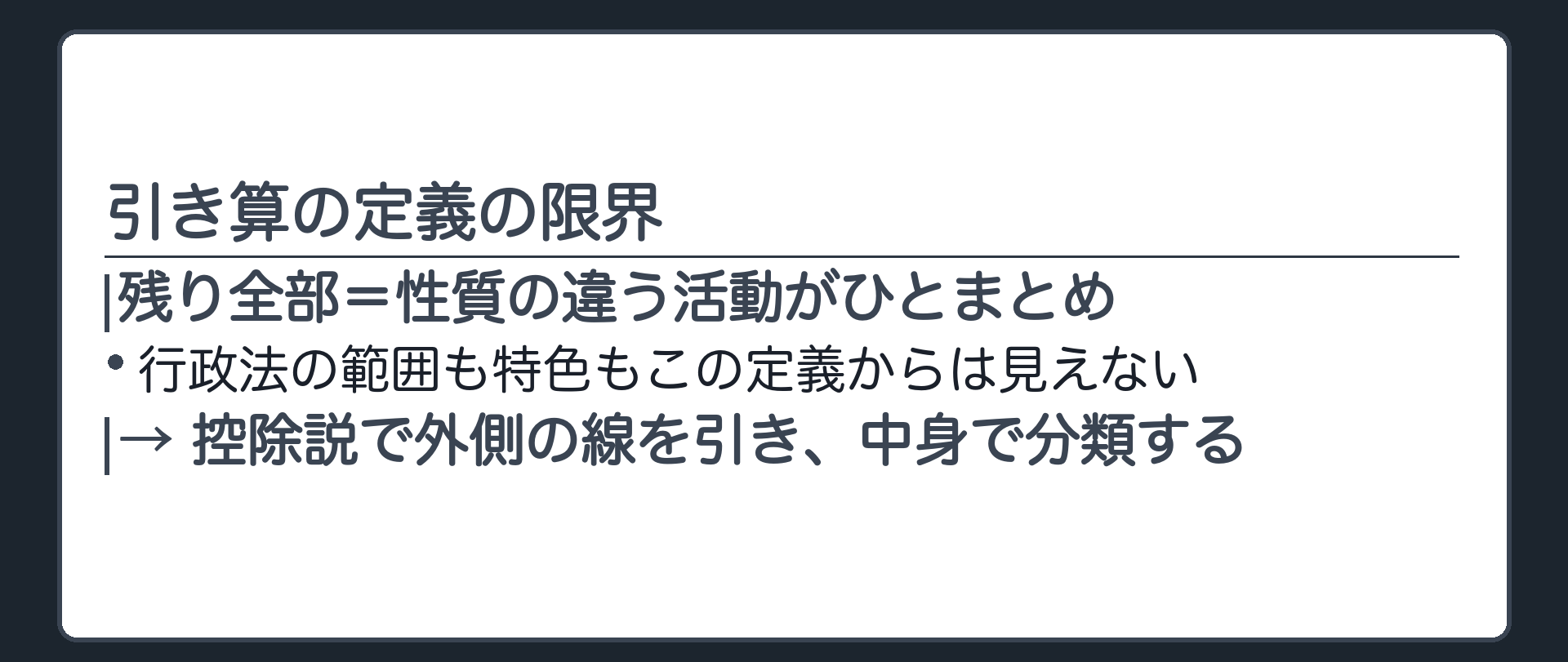 引き算の定義の限界（残り全部＝性質の違う活動がひとまとめ／行政法の範囲も特色もこの定義からは見えない→控除説で外側の線を引き、中身で分類する）