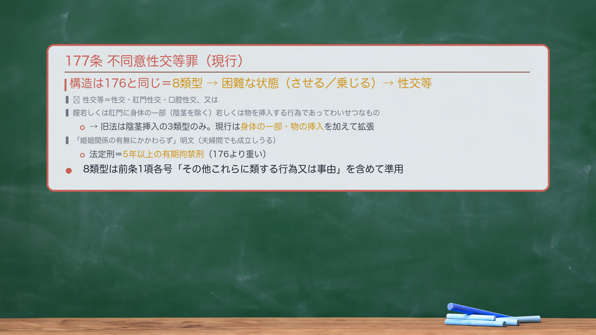 177条 不同意性交等罪（現行）。構造は176と同じ＝8類型→困難な状態（させる／乗じる）→性交等。🔴性交等＝性交・肛門性交・口腔性交、又は膣若しくは肛門に身体の一部（陰茎を除く）若しくは物を挿入する行為であってわいせつなもの。→旧法は陰茎挿入の3類型のみ。現行は身体の一部・物の挿入を加えて拡張。「婚姻関係の有無にかかわらず」明文（夫婦間でも成立しうる）。法定刑＝5年以上の有期拘禁刑（176より重い）。8類型は前条1項各号「その他これらに類する行為又は事由」を含めて準用。