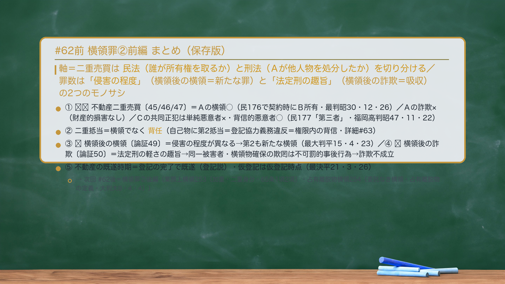 #62前 横領罪②前編 まとめ。軸＝二重売買は民法（誰が所有権を取るか）と刑法（Aが他人物を処分したか）を切り分ける／罪数は「侵害の程度」（横領後の横領＝新たな罪）と「法定刑の趣旨」（横領後の詐欺＝吸収）の2つのモノサシ。①🔴🔴不動産二重売買＝Aの横領○（民176で契約時にB所有・最判昭30・12・26）／Aの詐欺×（財産的損害なし）／Cの共同正犯は単純悪意者×・背信的悪意者○（民177「第三者」・福岡高判昭47・11・22）。②二重抵当＝横領でなく背任（自己物に第2抵当＝登記協力義務違反＝権限内の背信・詳細#63）。③🔴横領後の横領＝侵害の程度が異なる→第2も新たな横領（最大判平15・4・23）。④🔴横領後の詐欺＝法定刑の軽さの趣旨→同一被害者・横領物確保の欺罔は不可罰的事後行為→詐欺不成立。⑤不動産の既遂時期＝登記の完了で既遂（登記説）・仮登記は仮登記時点（最決平21・3・26）。→次回#62後＝横領罪②後編（業務上横領253〔加重・二重身分・65条1項2項〕・占有離脱物横領254〔委託なき横領・占有離脱物の定義・大判大8・4・4〕）。