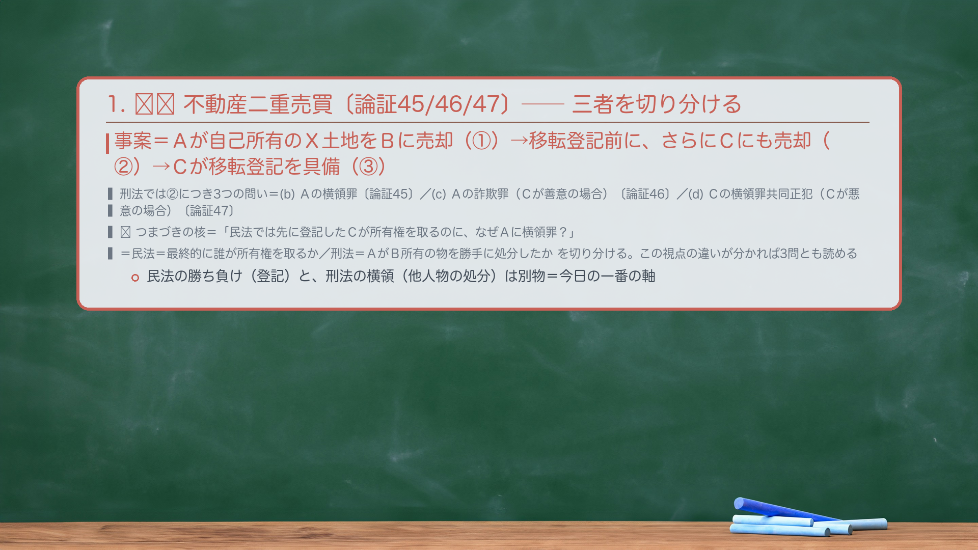 1. 🔴🔴 不動産二重売買(二重譲渡)。事案=Aが自己所有のX土地をBに売却(①)→移転登記がなされる前に、さらにCにも売却(②)→Cが移転登記を具備(③)。刑法では②につき3つの問いが立つ=(b)Aの横領罪/(c)Aの詐欺罪(Cが善意の場合)/(d)Cの横領罪共同正犯(Cが悪意の場合)。🔴 つまづきの核=「民法では先に登記したCが所有権を取るのに、なぜAに横領罪?」=民法=最終的に誰が所有権を取るか/刑法=Aが他人B所有の物を勝手に処分したかを切り分ける。この視点の違いが分かれば3問とも読める。