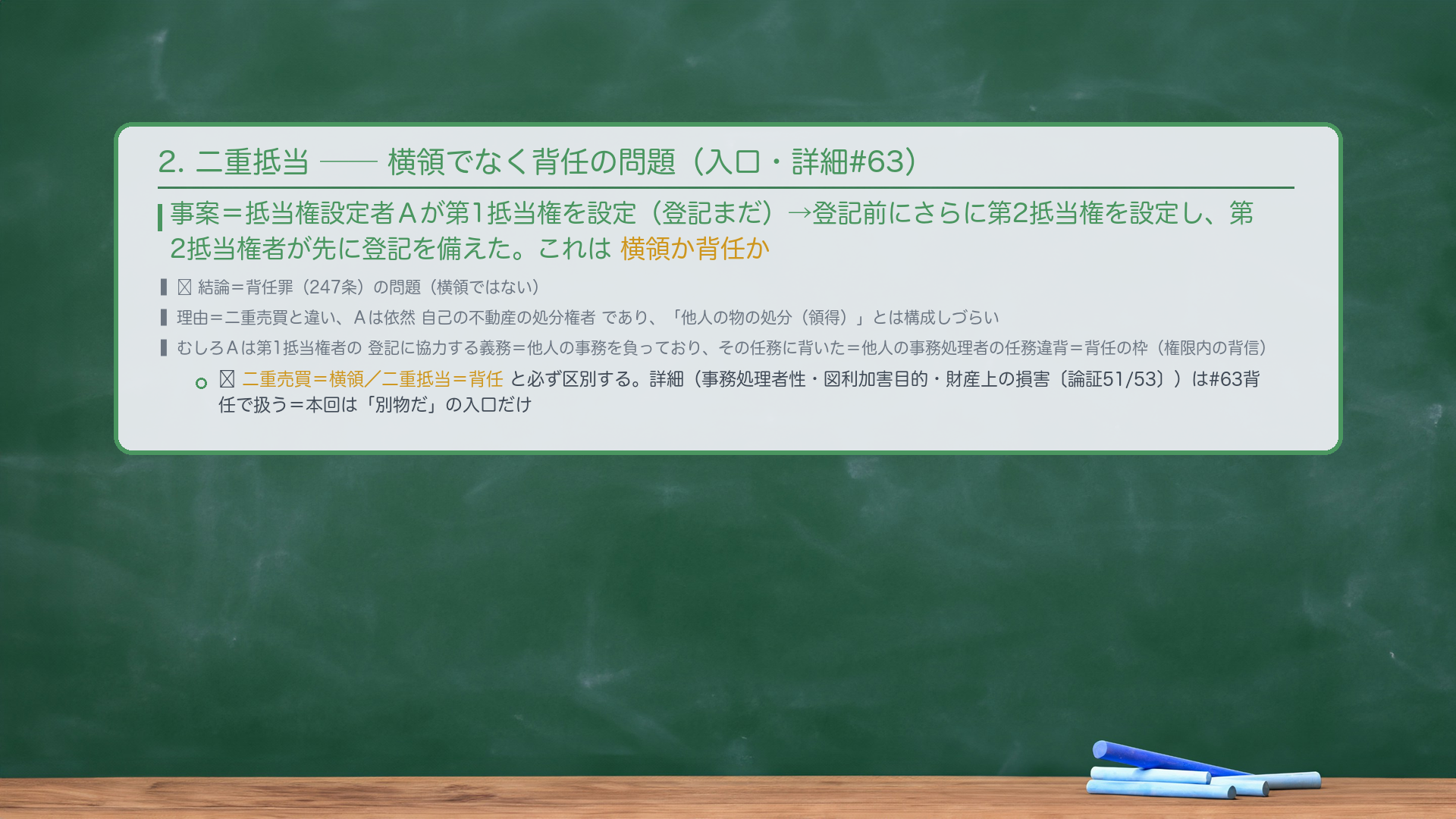 2. 二重抵当——横領でなく背任の問題（#63リンク・入口のみ）。事案＝抵当権設定者Aが、第1抵当権を設定（登記まだ）→登記前にさらに第2抵当権を設定し、第2抵当権者が先に登記を備えた。これは横領か背任か。🔴 結論＝背任罪の問題（横領ではない）。理由＝二重売買と違い、Aは依然自己の不動産の処分権者であり、「他人の物の処分（領得）」とは構成しづらい。むしろAは第1抵当権者の登記に協力する義務＝他人の事務を負っており、その任務に背いた＝他人の事務処理者の任務違背＝背任の枠（247条）。🔴 二重売買=横領／二重抵当=背任、と必ず区別する。詳細（事務処理者性・図利加害目的・財産上の損害）は#63背任で扱う。本回は「別物だ」という入口だけ。