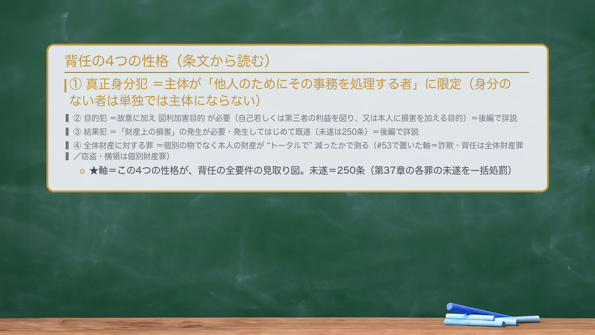 背任罪の4つの性格（条文から読む）。①真正身分犯＝主体が「他人のためにその事務を処理する者」に限定（身分のない者は単独では主体にならない）。②目的犯＝故意に加え図利加害目的が必要（後編）。③結果犯＝「財産上の損害」の発生が必要・発生してはじめて既遂（後編）。④全体財産に対する罪＝個別の物でなく本人の財産が"トータルで"減ったかで測る（#53で置いた軸＝詐欺・背任は全体財産罪／窃盗・横領は個別財産罪）。未遂＝250条（247を含む第37章の各罪の未遂を一括処罰）。★軸＝この4つの性格が、背任の全要件の見取り図。