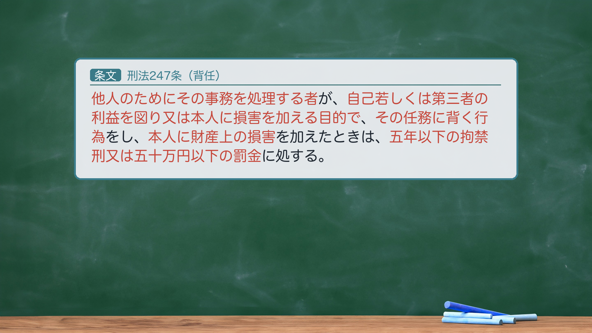 🔴🔴 刑法247条（背任）全文カード。「他人のためにその事務を処理する者が、自己若しくは第三者の利益を図り又は本人に損害を加える目的で、その任務に背く行為をし、本人に財産上の損害を加えたときは、五年以下の拘禁刑又は五十万円以下の罰金に処する。」要件は4つ＝(a)主体＝他人のためにその事務を処理する者／(b)目的＝自己若しくは第三者の利益を図り又は本人に損害を加える目的（図利加害目的）／(c)行為＝その任務に背く行為（背任行為）／(d)結果＝本人に財産上の損害。🔴 法定刑は拘禁刑（懲役ではない・2025-06-01拘禁刑化）。未遂は250条で処罰。前編は(a)主体・(c)行為まで／(b)目的・(d)損害は後編。