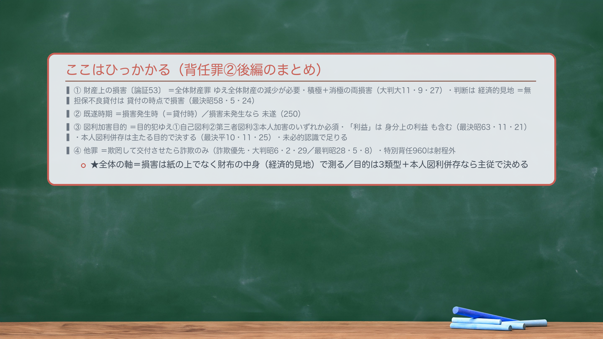 ここはひっかかる(背任罪②後編のまとめ)。①🔴🔴財産上の損害=背任は全体財産罪ゆえ全体財産の減少が必要・積極+消極の両損害(大判大11・9・27)・判断基準は法的見地でなく経済的見地=回収見込みのない無担保貸付は貸付の時点で損害発生(最決昭58・5・24)。②既遂時期=損害発生時(=貸付時)/損害未発生なら未遂(250)。③🔴図利加害目的=目的犯ゆえ①自己図利②第三者図利③本人加害のいずれか必須・「利益」は身分上の利益も含む(最決昭63・11・21)・本人図利併存は主たる目的で決する(最決平10・11・25)・未必的認識で足りる(最決昭63・11・21)。④🔴他罪=欺罔して交付させたら詐欺のみ(詐欺優先・大判昭6・2・29/最判昭28・5・8)・特別背任960は射程外。★全体の軸=損害は紙の上でなく財布の中身(経済的見地)で測る/目的は3類型+本人図利併存なら主従で決める。