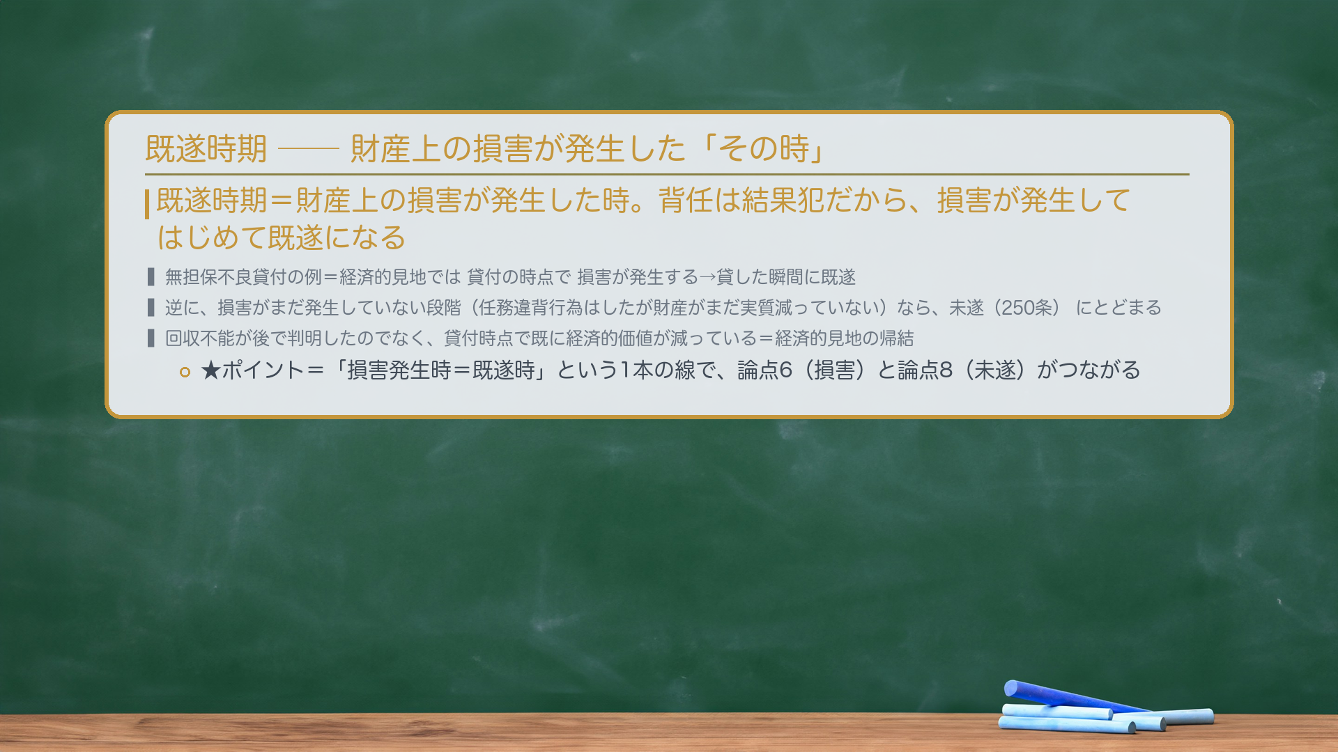 🔴 既遂時期＝財産上の損害が発生した時。背任は結果犯だから、損害が発生してはじめて既遂になる。無担保不良貸付の例＝経済的見地では貸付の時点で損害が発生する→貸した瞬間に既遂。逆に、損害がまだ発生していない段階（任務違背行為はしたが財産がまだ実質減っていない）なら、未遂（250条）にとどまる。★ポイント＝「損害発生時＝既遂時」という1本の線で、論点6（損害）と論点8（未遂）がつながる。回収不能が後で判明したのでなく、貸付時点で既に経済的価値が減っている、という経済的見地の帰結に注意。