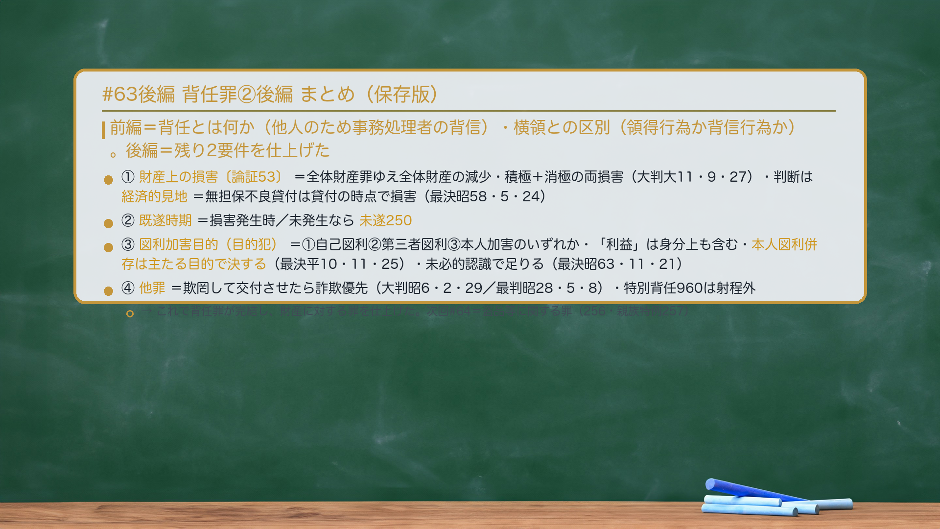 #63後編 背任罪②後編 まとめ。前編=背任とは何か(他人のため事務処理者の背信)・横領との区別(領得行為か背信行為か)。後編=残り2要件を仕上げた。①🔴🔴財産上の損害=全体財産罪ゆえ全体財産の減少が必要・積極+消極の両損害(大判大11・9・27)・判断基準は経済的見地=回収見込みのない無担保貸付は貸付の時点で損害(最決昭58・5・24)。②既遂時期=損害発生時/未発生なら未遂250。③🔴図利加害目的(目的犯)=①自己図利②第三者図利③本人加害のいずれか必須・「利益」は身分上の利益も含む・本人図利併存は主たる目的で決する(最決平10・11・25)・未必的認識で足りる(最決昭63・11・21)。④🔴他罪=欺罔して交付させたら詐欺優先(大判昭6・2・29/最判昭28・5・8)・特別背任960は射程外。これで背任罪が完結し、財産に対する罪を仕上げた。→次回#64=盗品等に関する罪(256・親族特例257)。
