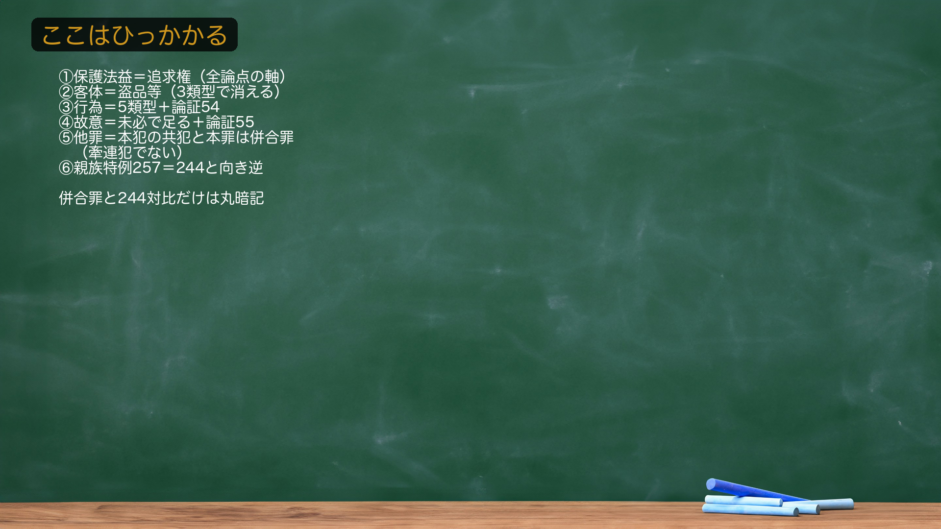 ここはひっかかる（盗品等に関する罪のまとめ）。①🔴保護法益＝追求権（全論点の軸・大判大11・7・12／最決昭34・2・9）／事後従犯的性格（共犯そのものではない）。②客体＝盗品等（詐取物・横領物も含む／本犯は有責不要・大判明44・12・18）・追求権喪失3類型（同一性喪失／善意取得〔民193で2年なお客体〕／不法原因給付）。③行為5類型（無償譲受け＝1項／運搬・保管・有償譲受け・有償処分あっせん＝2項／あっせんは処分が有償なら成立・あっせん行為時に成立）＋被害者のもとへの運搬は正常な回復を困難にし運搬罪成立（最決昭27・7・10）。④故意＝未必で足る（最判昭23・3・16）＋知情後の保管も追求権侵害で保管罪成立（最決昭50・6・12）。⑤🔴他罪＝詐欺不成立／恐喝は観念的競合／本犯の共犯と本罪＝併合罪（牽連犯でない・最判昭24・7・30）。⑥🔴親族特例257＝刑の免除（期待可能性の減少）＋本犯者⇄関与者で足りる（最決昭38・11・8）＋244は犯人⇄被害者で向きが逆。★全体の軸＝すべては追求権／併合罪と244対比だけは丸暗記。