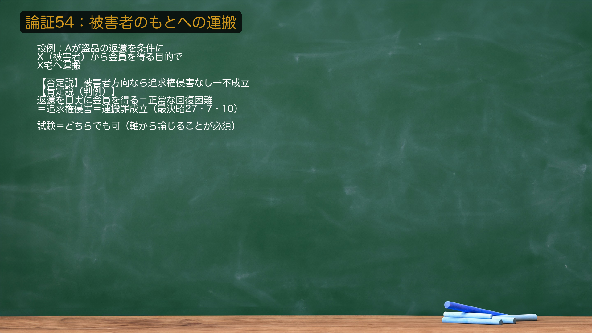 🔴 行為の論点＝被害者のもとへの運搬。設例＝Aが、盗品の返還を条件にXから金員を得る目的で、盗品をX（被害者）宅へ運搬した。盗品が被害者のもとへ戻る方向の運搬でも、運搬罪は成立するか？【否定説（有力）】被害者のもとへの運搬は、むしろ追求権の実現に資するから、追求権侵害がなく不成立。【肯定説（判例・最決昭27・7・10）】返還を口実に金員を得る目的の運搬は、本犯の利益のために盗品の正常な回復を困難にしたといえるから、運搬罪が成立する。🔴 試験はどちらの立場でも可。ただし軸（追求権侵害の有無）から論じることが必須。★軸＝形式的に被害者方向でも、正常な回復を妨げる運搬は追求権侵害＝運搬罪（判例）。