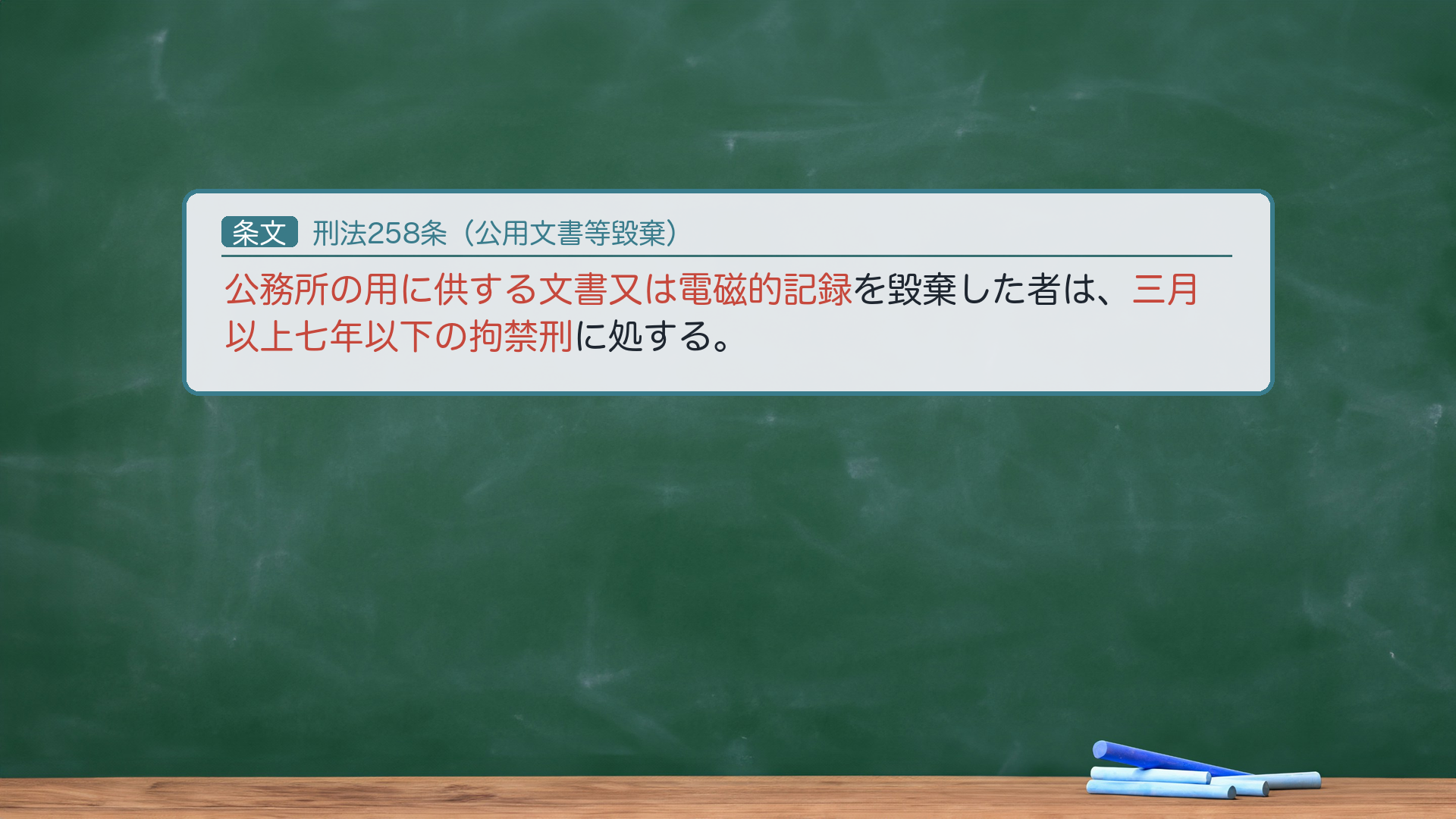 🔴 約束③ 条文全文｜刑法258条（公用文書等毀棄）。「公務所の用に供する文書又は電磁的記録を毀棄した者は、三月以上七年以下の拘禁刑に処する。」🔴 客体＝公用文書＝公務所が事務処理上保管・使用する文書なら、公文書・私文書を問わず全て客体（公務員が作った文書に限らない／私人が作って役所に提出・保管された文書も含む）。🔴 文書偽造罪（155等）の「公文書」と混同しない＝偽造罪の公文書は「公務所・公務員が作成する文書」（作成主体で画する）／本罪の公用文書は「公務所が用に供する文書」（用途・保管で画する）＝視点が違う。法定刑は他の毀棄罪より重い（公務の保護）。非親告罪（264の列挙外）。🔴 法定刑は拘禁刑。e-Gov現行（140AC0000000045）と一字一致。★軸＝「公務所が使う文書」なら公私問わず客体／作る人で決める偽造罪の公文書とは別。