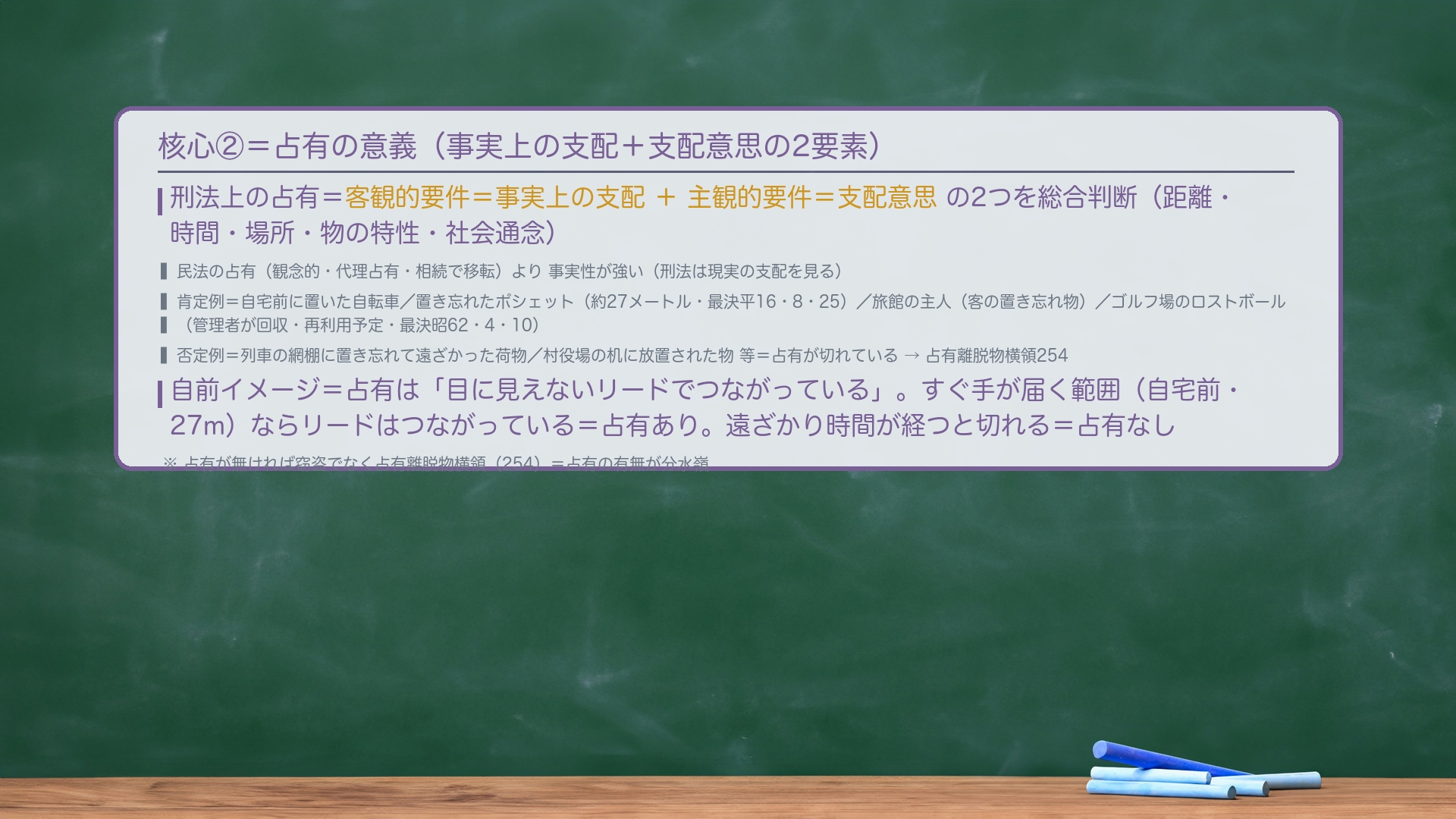 核心②＝占有の意義。刑法上の占有＝客観的要件＝事実上の支配＋主観的要件＝支配意思の2つを総合判断（距離・時間・場所・物の特性・社会通念）。民法の占有（観念的・代理占有・相続で移転）より事実性が強い（刑法は現実の支配を見る）。肯定例＝自宅前に置いた自転車／置き忘れたポシェット（約27メートル・最決平16・8・25）／旅館の主人（客の置き忘れ物）／ゴルフ場のロストボール（管理者が回収・再利用予定・最決昭62・4・10）。否定例＝列車の網棚に置き忘れて遠ざかった荷物／村役場の机に放置された物 等＝占有が切れている→占有離脱物横領254。自前イメージ＝占有は「目に見えないリードでつながっている」。すぐ手が届く範囲（自宅前・27m）ならリードはつながっている＝占有あり。遠ざかり時間が経つと切れる＝占有なし。