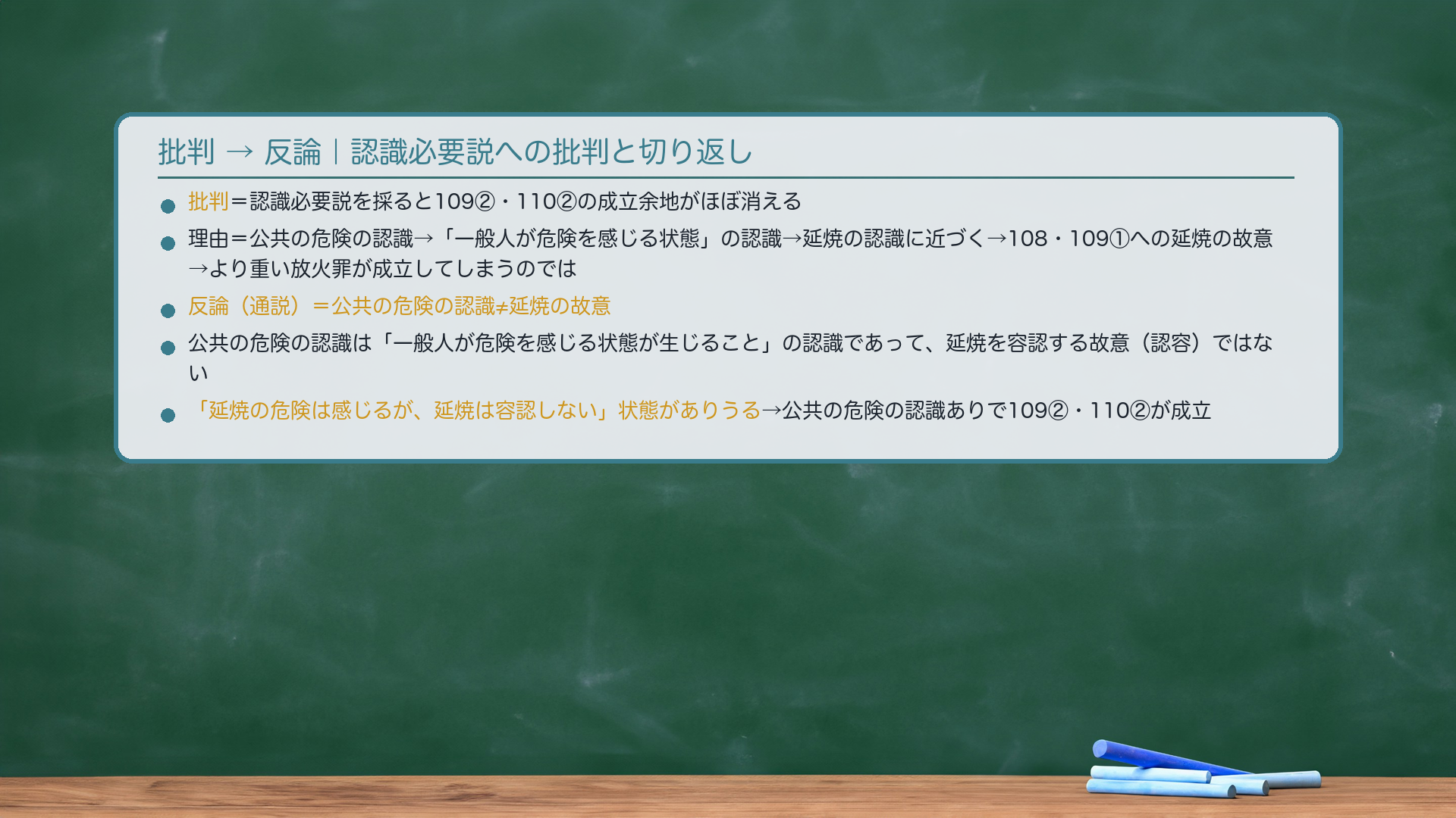批判→反論｜認識必要説への批判と反論。批判＝認識必要説を採ると、109②と110②の成立余地がほぼ消える。なぜなら、公共の危険を認識する→「一般人の印象から危険を感じさせる状態」の認識→延焼の認識に近づく→108・109①への延焼の故意→より重い放火罪（108・109①）が成立してしまうのでは。反論（通説の切り返し）＝「公共の危険の認識≠延焼の故意」。公共の危険の認識は「一般人が危険を感じる状態が生じること」の認識であって、延焼そのものを容認する故意（認容）ではない。「延焼の危険は感じるが、延焼は容認しない」という状態がありうる（危険を予見しつつ延焼は望まない・容認もしない）。その場合は公共の危険の認識ありで109②・110②が成立する。