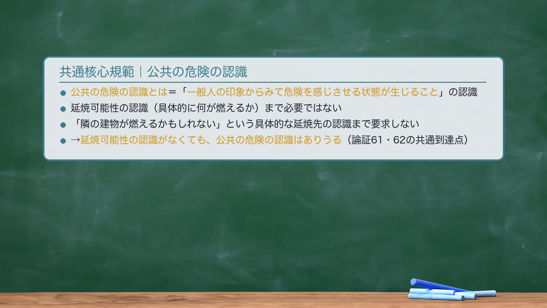 共通核心規範|公共の危険の認識。公共の危険の認識とは何か=「一般人の印象からみて危険を感じさせる状態が生じることの認識」。延焼可能性の認識(具体的に何が燃えるか)まで必要ではない。「隣の建物が燃えるかもしれない」という具体的な延焼先の認識まで要求しない。「一般人が危険だと感じるような状態になること」の認識があれば、公共の危険の認識がある。→延焼可能性の認識がなくても、公共の危険の認識はありうる(62の共通到達点)。