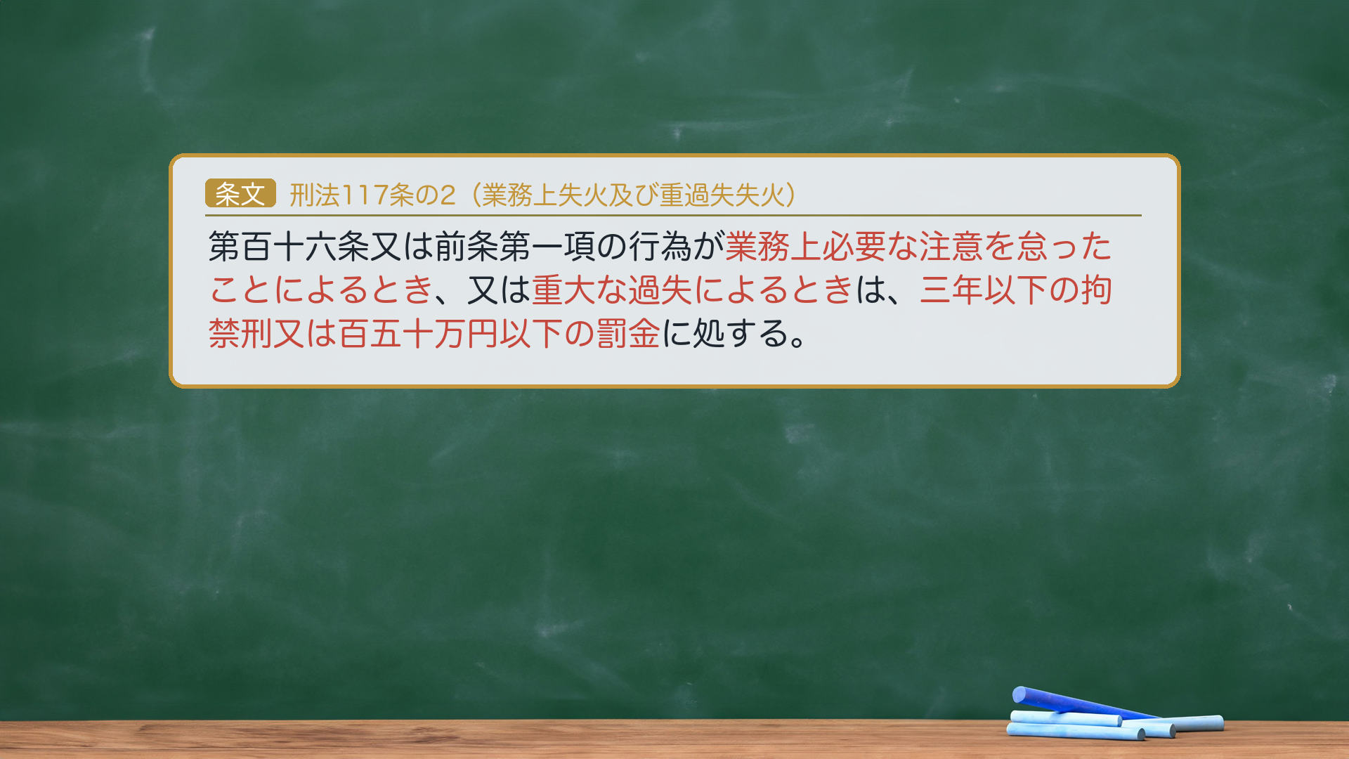 🔴約束③ 条文全文｜刑法117条の2（業務上失火及び重過失失火）。「第百十六条又は前条第一項の行為が業務上必要な注意を怠ったことによるとき、又は重大な過失によるときは、三年以下の拘禁刑又は百五十万円以下の罰金に処する。」🔴e-Gov現行XML（140AC0000000045 rev20260521）と一字一致。🔴呉「禁錮」は旧文→現行は「拘禁刑」。ハイライト＝「業務上必要な注意を怠ったことによるとき」「重大な過失によるとき」「三年以下の拘禁刑又は百五十万円以下の罰金」。