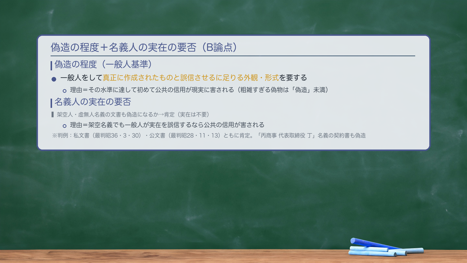 名義人の実在の要否＋偽造の程度（B論点・board一言）。【偽造の程度（一般人基準）】偽造といえるには、その文書が一般人をして真正に作成されたものと誤信させるに足りる外観・形式を備えることを要する。理由：外観がその程度に達して初めて、文書に対する公共の信用が現実に害されるから——粗雑すぎて誰も本物と誤信しない代物は「偽造」の名に値しない。【名義人の実在の要否】名義人が実在しない（架空人・虚無人）名義の文書も偽造になるか？→ 🔴肯定（実在は不要）。理由：架空の名義でも、一般人がその実在を誤信するなら文書に対する公共の信用が害される（＝偽造の程度を満たす）。判例：私文書（最判昭36・3・30）・公文書（最判昭28・11・13）ともに肯定。設例：実在しない「丙商事 代表取締役 丁」名義の契約書も、一般人が実在を誤信するなら偽造。