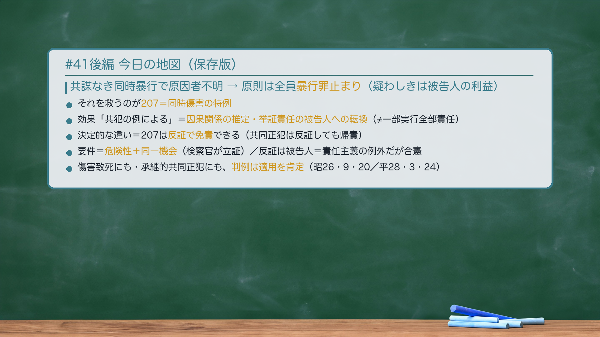 今日のまとめ。共謀なき同時暴行で原因者不明→原則は「疑わしきは被告人の利益」で全員暴行罪止まり。それを救うのが207＝同時傷害の特例。効果「共犯の例による」＝因果関係の推定・挙証責任の被告人への転換（≠共同正犯の一部実行全部責任）。決定的な違い＝207は反証で免責できる。要件＝危険性＋同一機会（検察官が立証）。責任主義の例外だが推定＋反証可で合憲。傷害致死にも判例は適用を肯定（昭26・9・20）。承継的共同正犯にも判例は適用を肯定（平28・3・24）。