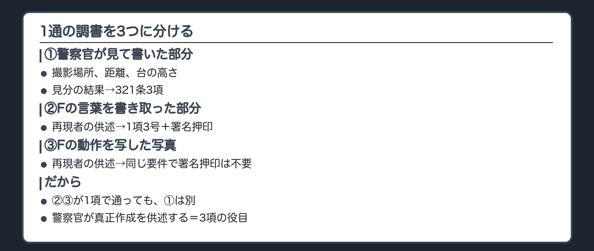 1通の再現調書を3つに分ける板。警察官が再現の状況を見て書いた部分は見分の結果として3項。再現者の言葉を書き取った部分は再現者の供述として1項2号3号または322条1項と署名押印。再現写真は同じ要件で署名押印だけ不要
