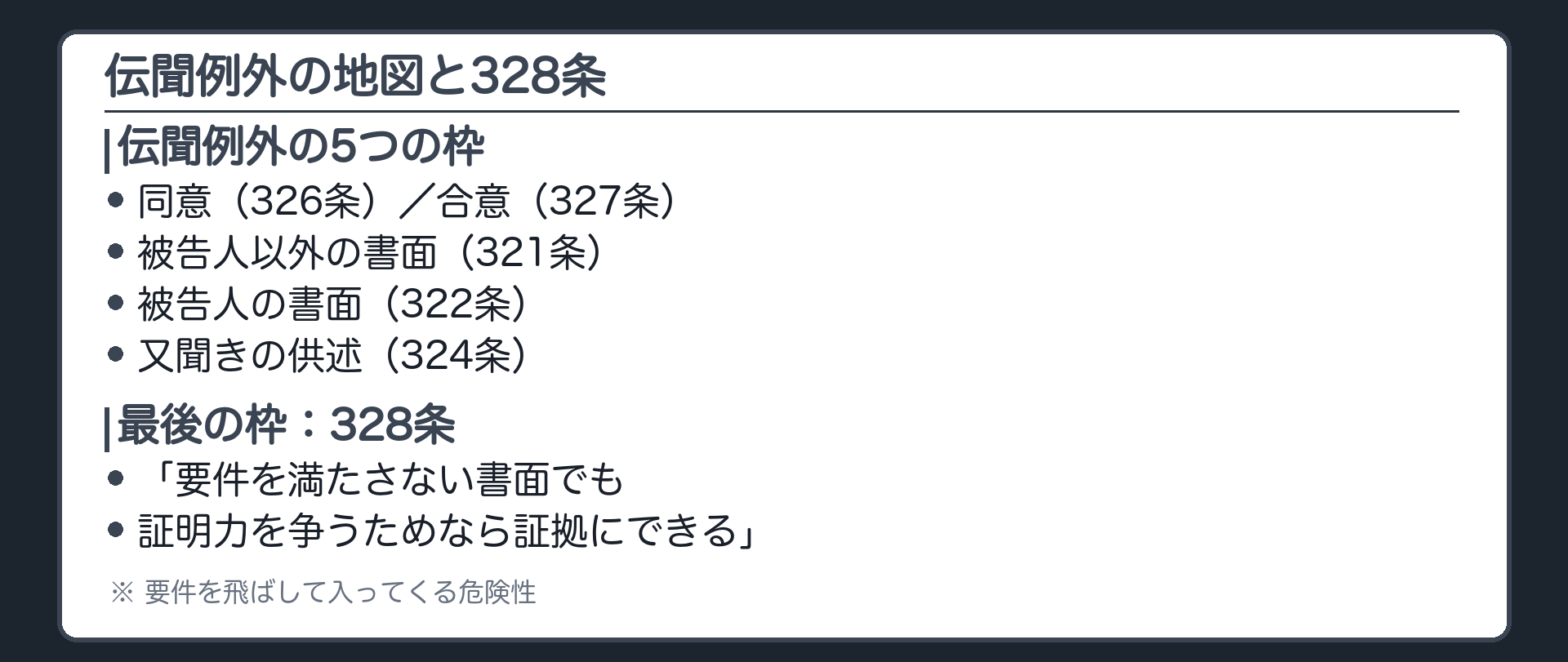伝聞例外の地図の最後の1枠に328条。同意・合意は326条・327条、321条、322条、324条、そして328条。328条だけは、要件を満たさない書面でも、証明力を争うためなら証拠にできると書く。字面どおりなら、証人を崩すためと言えば、伝聞の書面が何でも入ってしまう