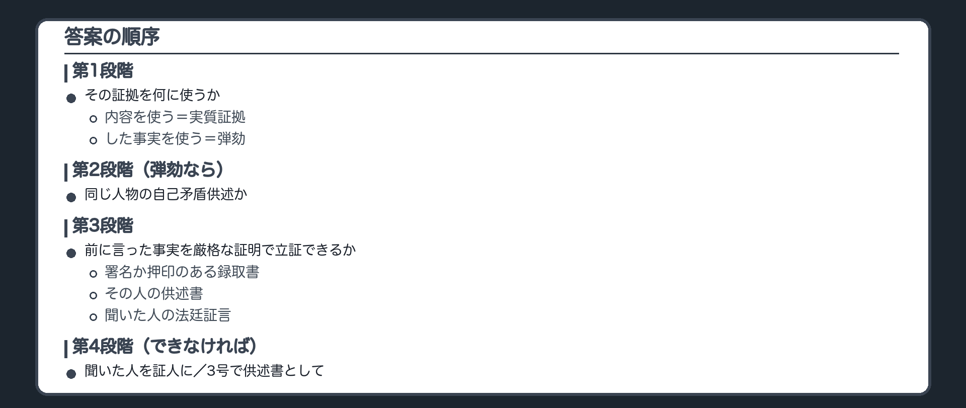 答案の順序。その証拠を何に使うか、内容を使う実質証拠か、した事実を使う弾劾か。弾劾なら、同一人の自己矛盾供述か。その存在を厳格な証明で立証できるか、署名押印のある録取書、供述書、聞いた人の証言。できなければ別の組み立て、聞いた人を証人に、3号で供述書として