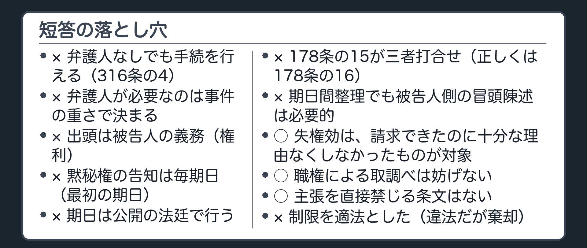 短答の落とし穴。弁護人なしでも手続を行える×（316条の4）／事件の重さで決まる×／被告人の出頭は義務×（権利）／黙秘権告知は毎期日×（最初の期日）／期日は公開の法廷で行う×／178条の15が三者打合せ×（16）／期日間整理でも被告人側の冒頭陳述は必要的×／失権効＝請求できたのに十分な理由なくしなかったものは対象／職権は妨げない○／主張を直接禁じる条文はない○／制限を適法とした×（違法だが棄却）