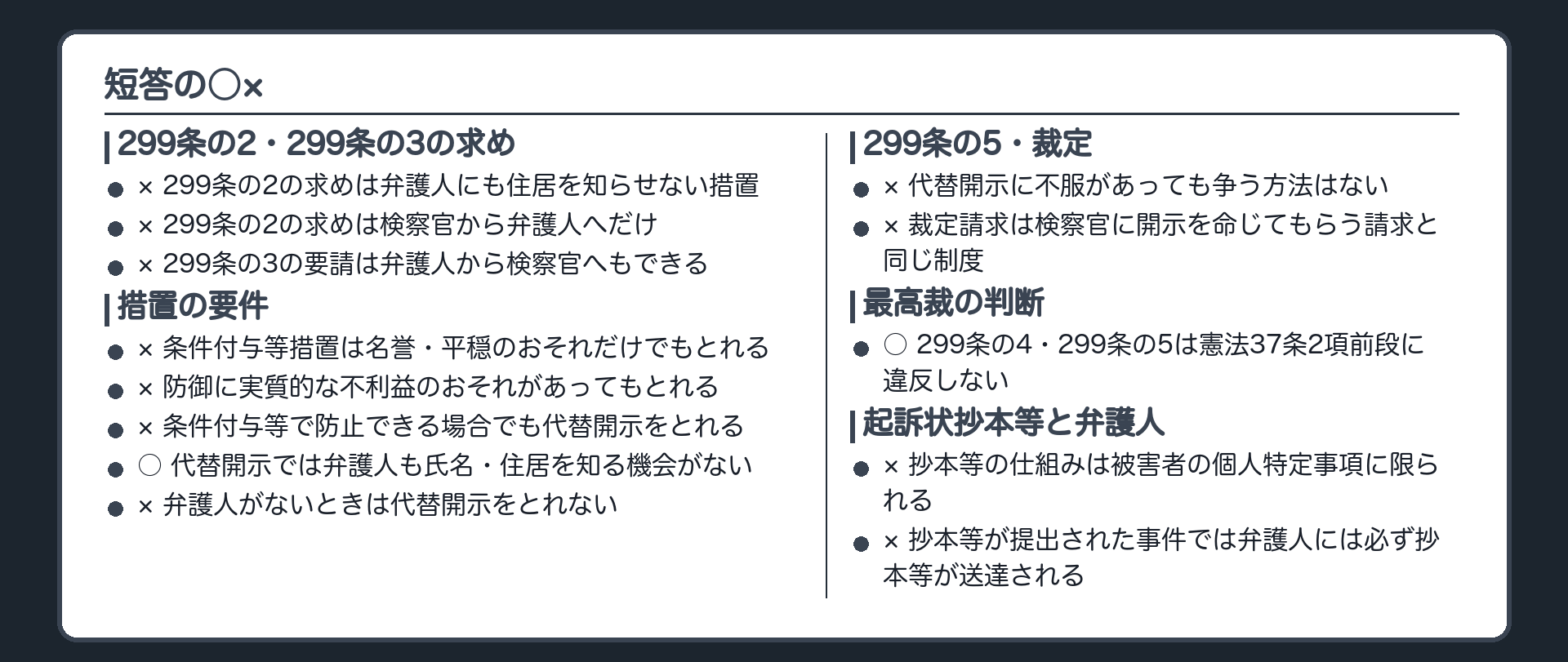短答の○×一覧。299条の2・299条の3の求め／条件付与等措置・代替開示措置の要件／299条の5・裁定／最高裁の判断／起訴状抄本等と弁護人