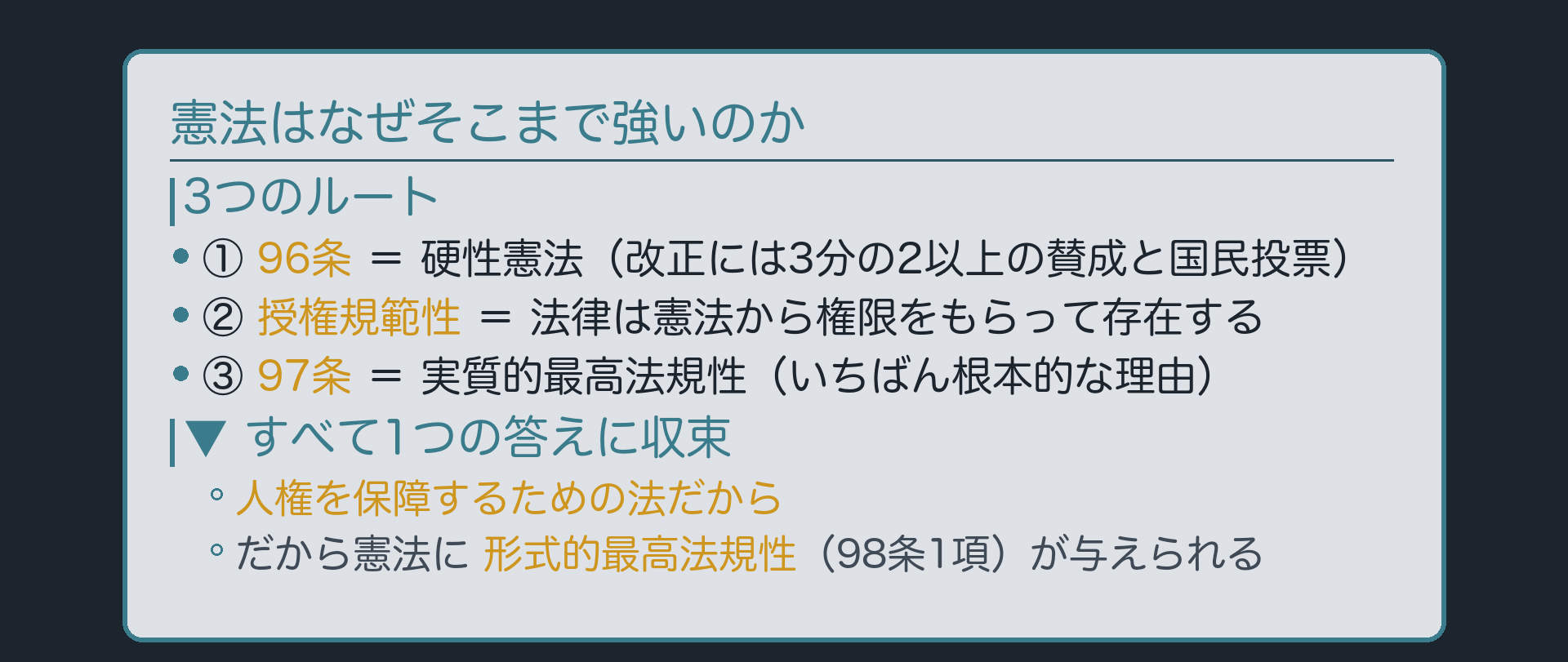 最高法規性を支える3つのルート(硬性憲法・授権規範性・実質的最高法規性)