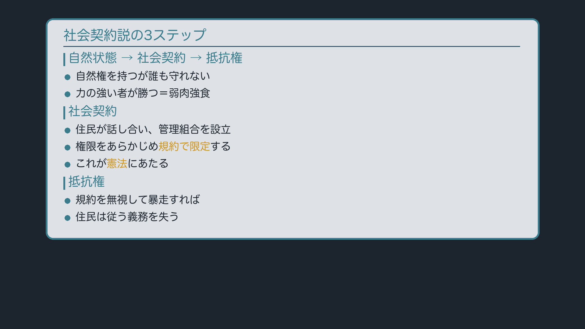 社会契約説の3ステップ(自然権→社会契約→抵抗権)