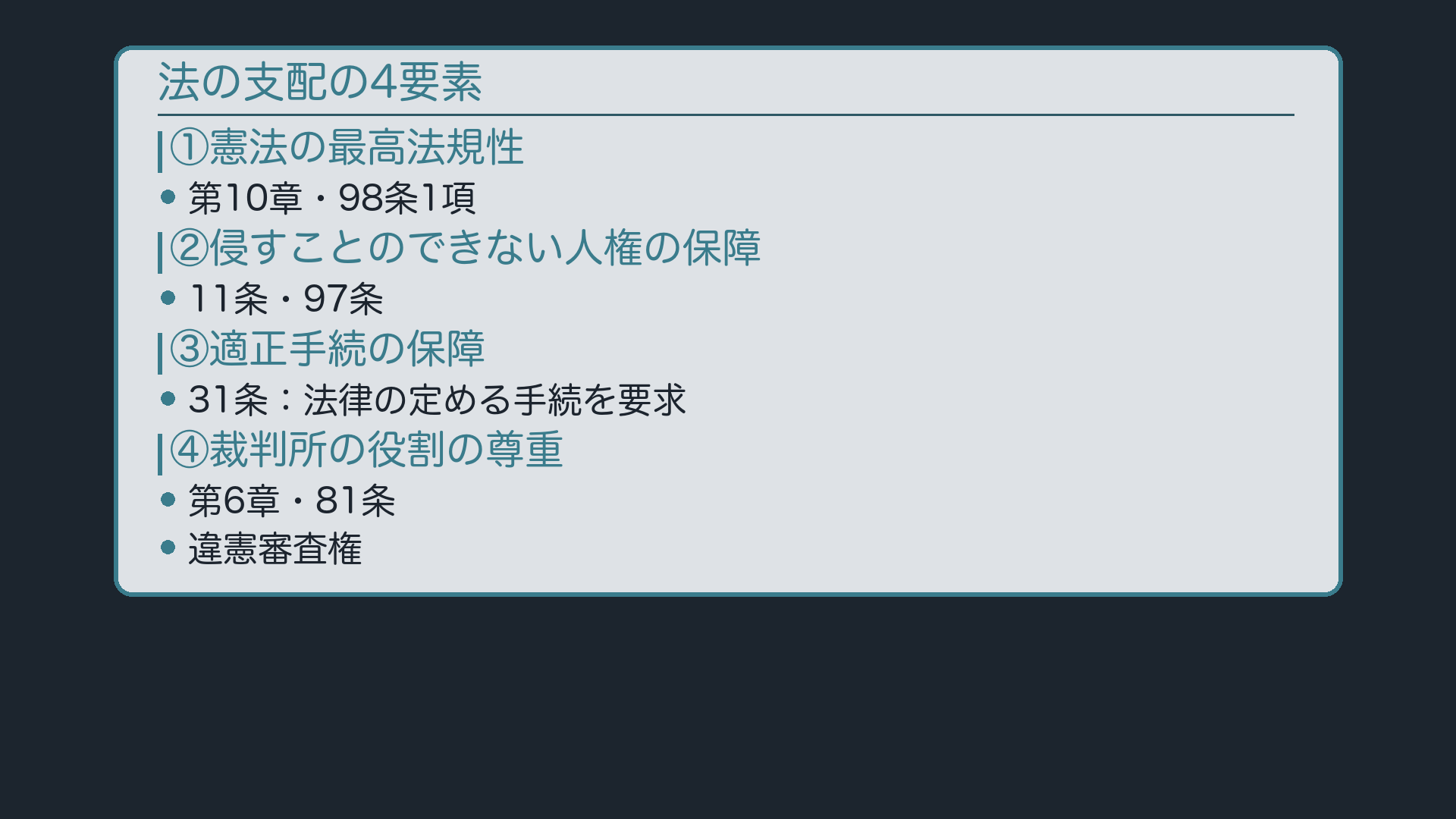 法の支配の4要素と条文対応(最高法規性/人権/適正手続/裁判所)