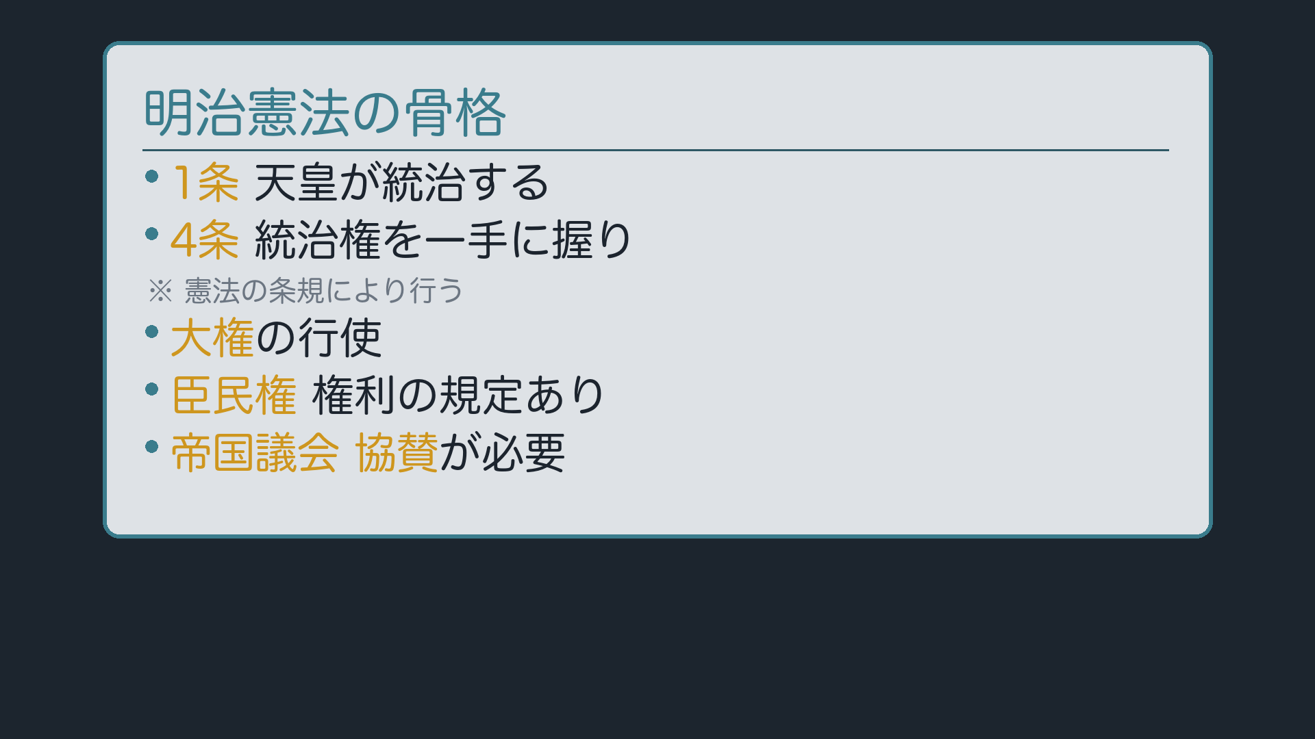 明治憲法の骨格(1条:天皇が統治/4条:統治権を総攬/臣民権の規定もあり・帝国議会の協賛もあり)