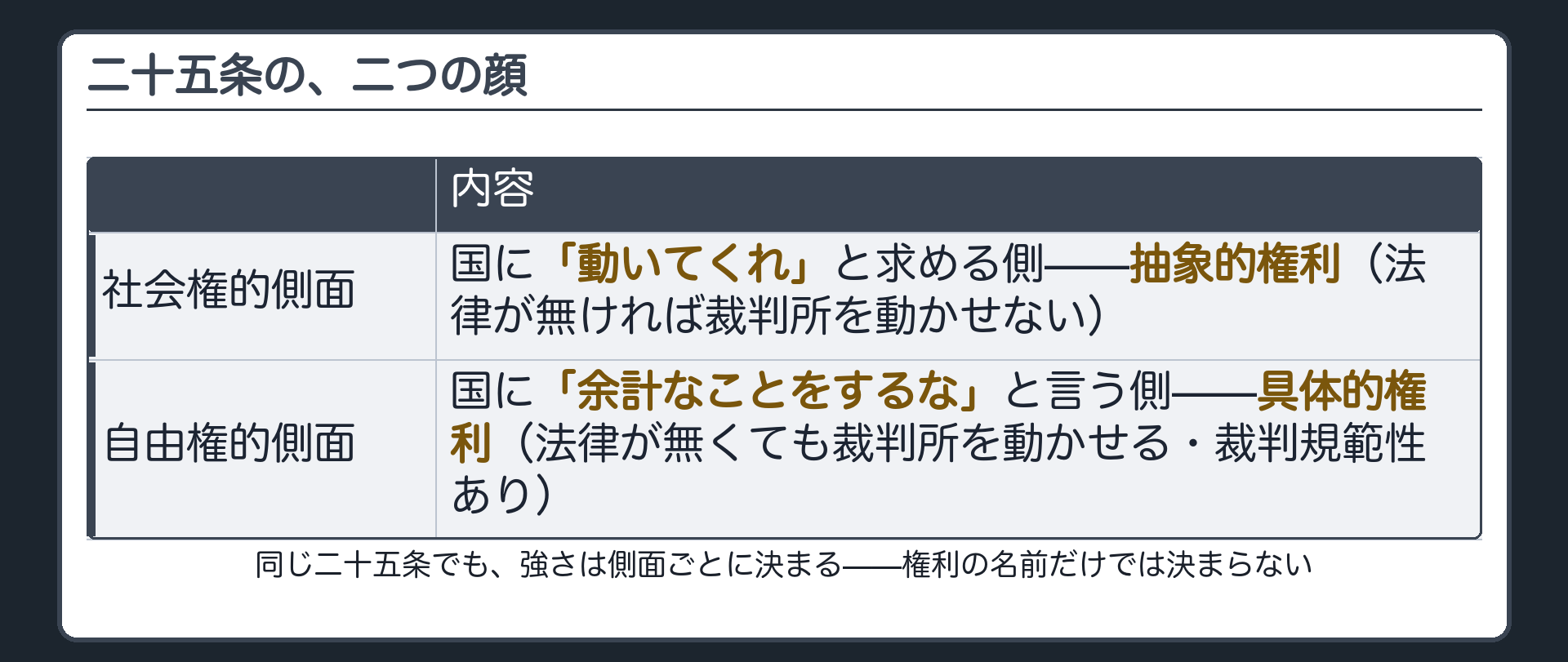 25条の二つの顔(社会権的側面=国に動いてくれと求める側・抽象的権利/自由権的側面=国に余計なことをするなと言う側・具体的権利)