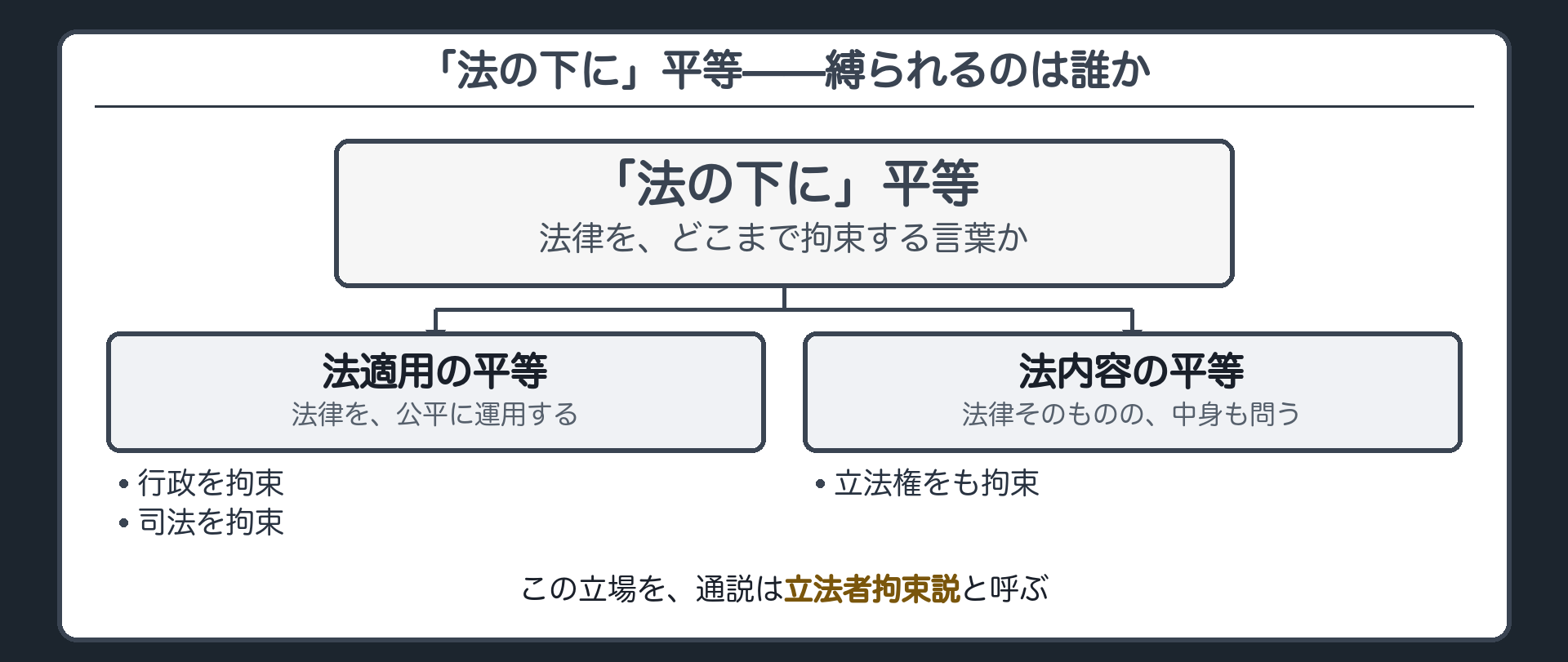 「法の下に」平等の2つの意味(法適用の平等=行政・司法を拘束/法内容の平等=立法権をも拘束)と、この立場を立法者拘束説と呼ぶことを示す図