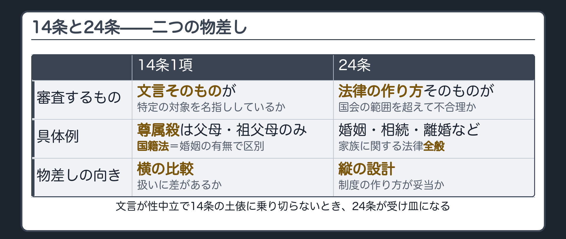 14条1項と24条の対比(審査するもの=文言そのもの/法律の作り方そのもの、具体例、物差しの向き=横の比較/縦の設計)