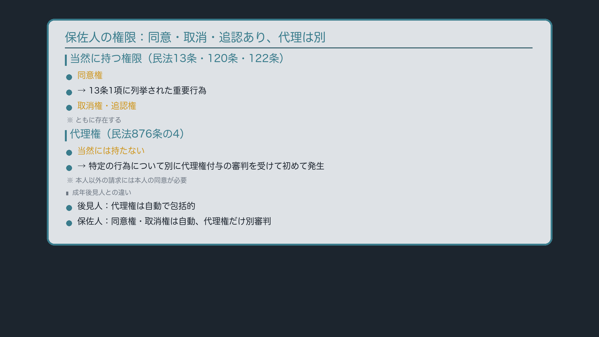 保佐人の権限(同意・取消・追認はあり、代理は別審判)
