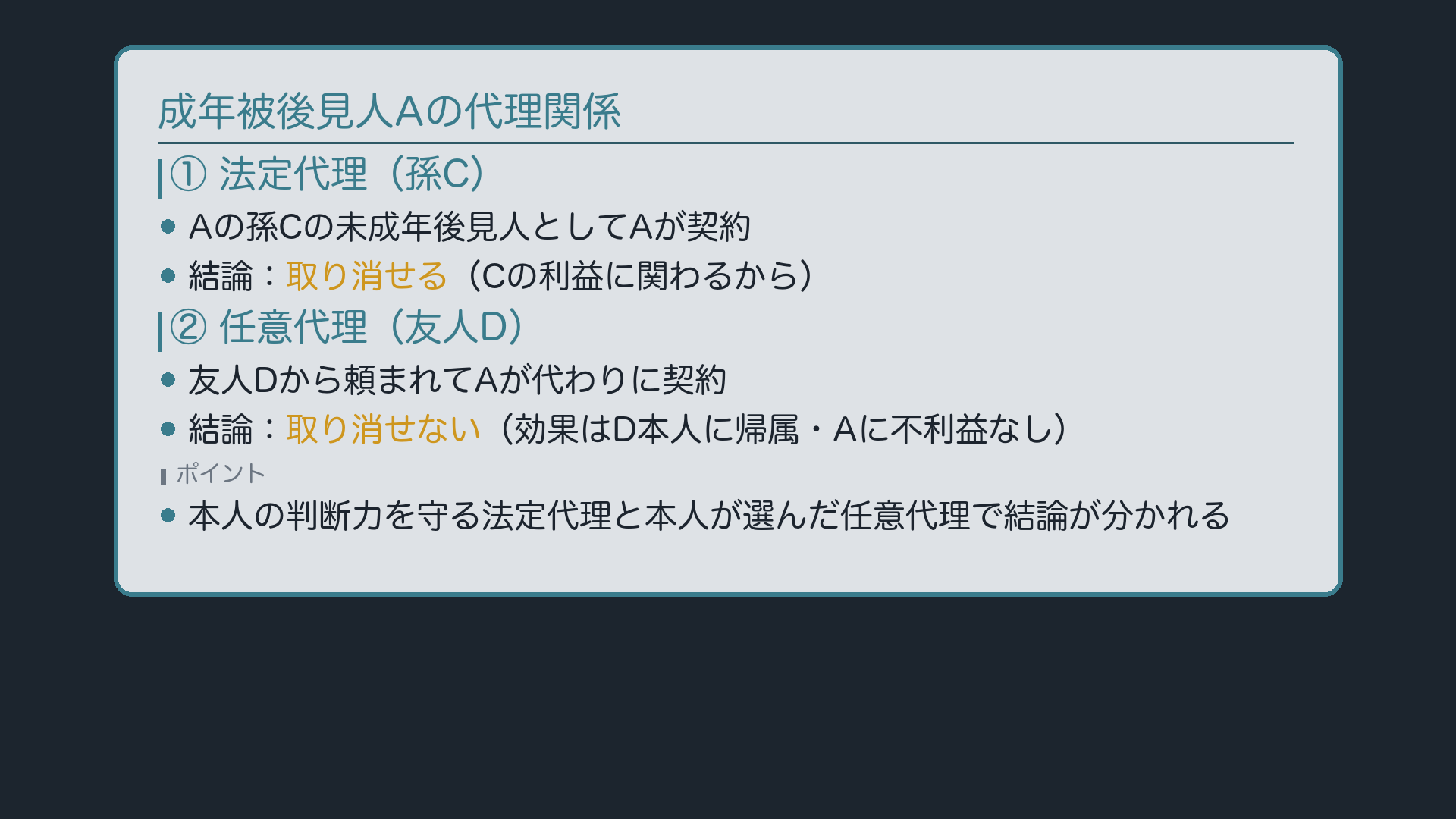 Aの2つの代理関係(孫Cと友人D)