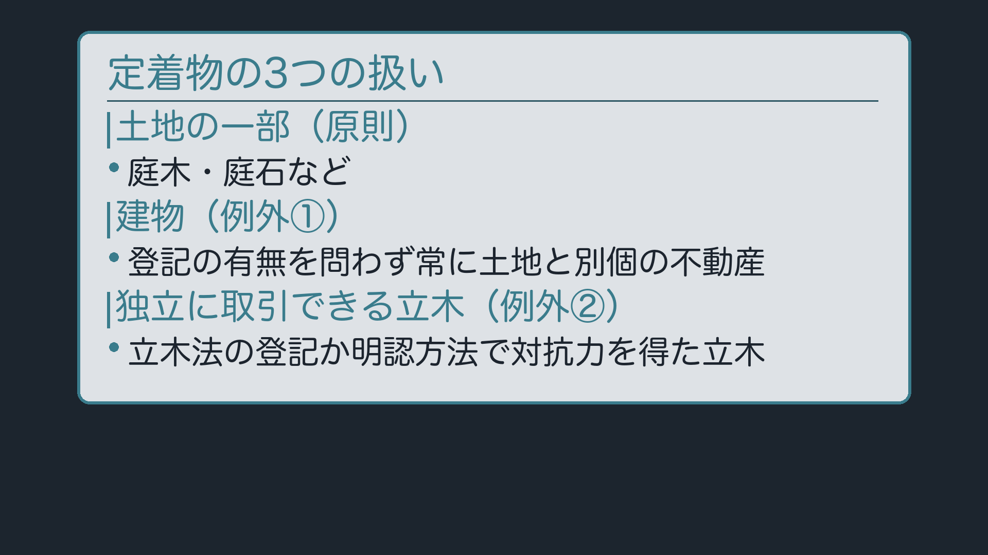 定着物の3分類:土地の一部(原則)/建物/独立に取引できる立木