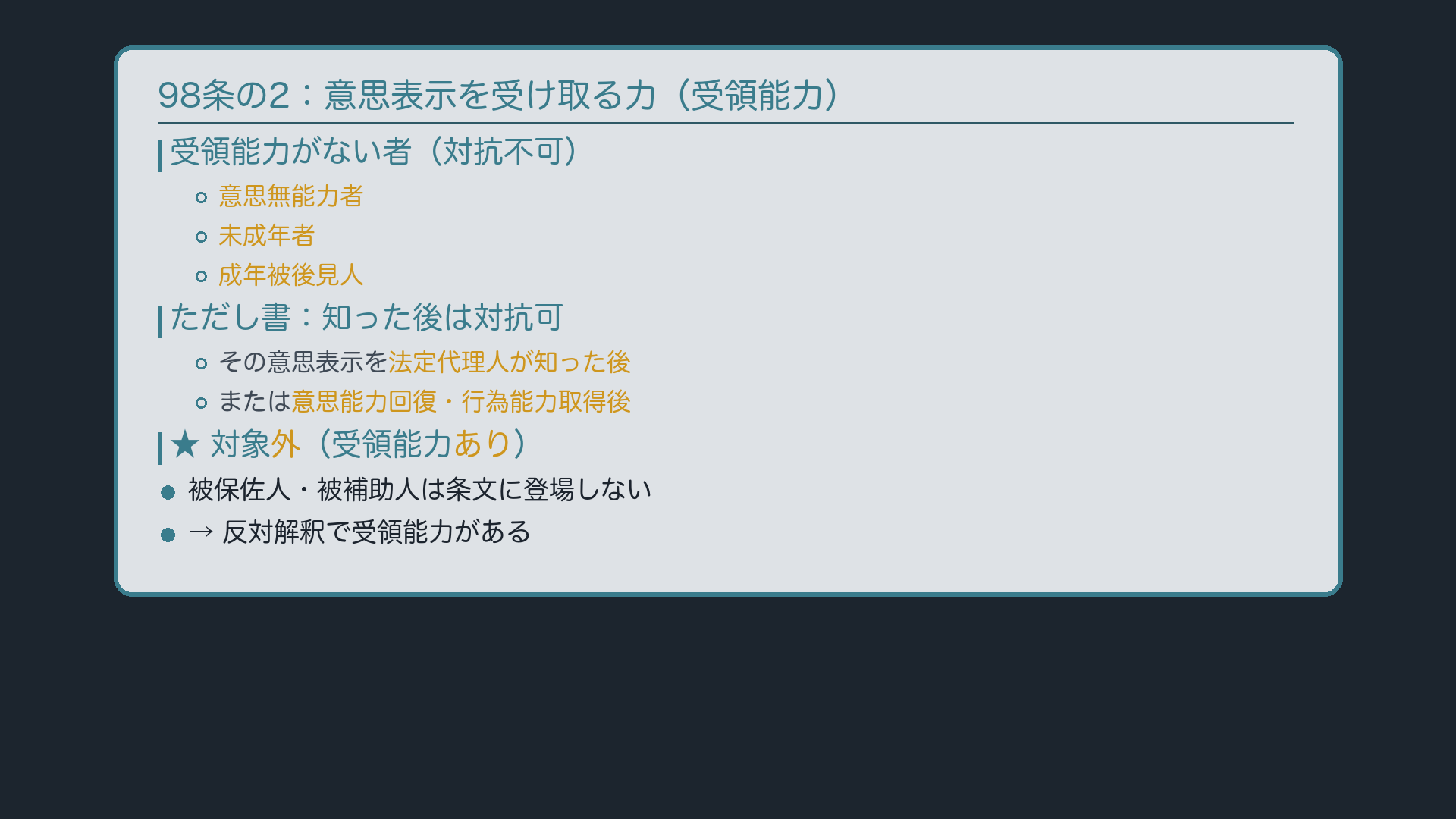 98条の2:受領能力なし(意思無能力者・未成年者・成年被後見人)/被保佐人・被補助人は対象外