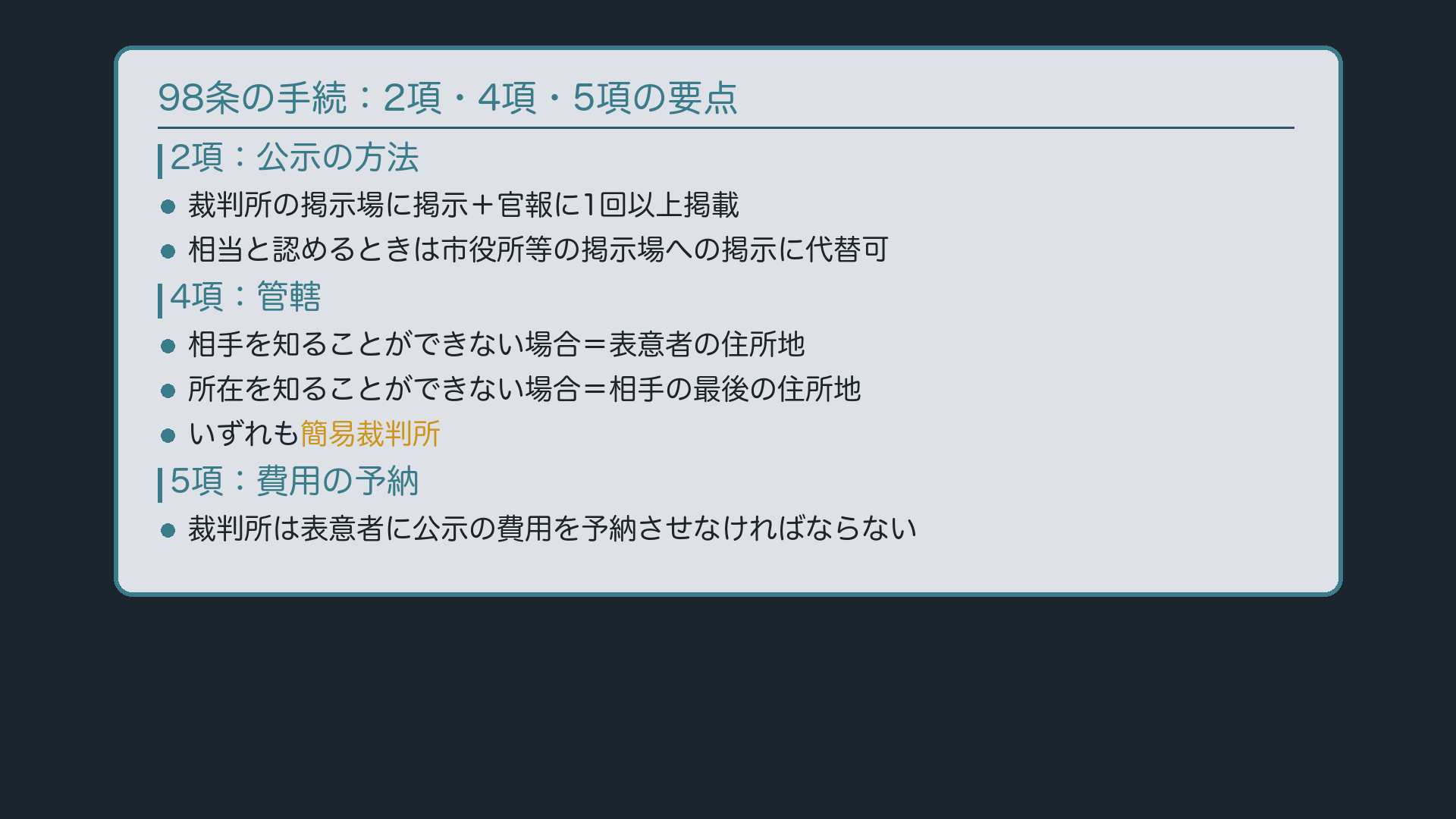 98条2/4/5項の要点(手続の管轄・費用の予納・公示の実施者)