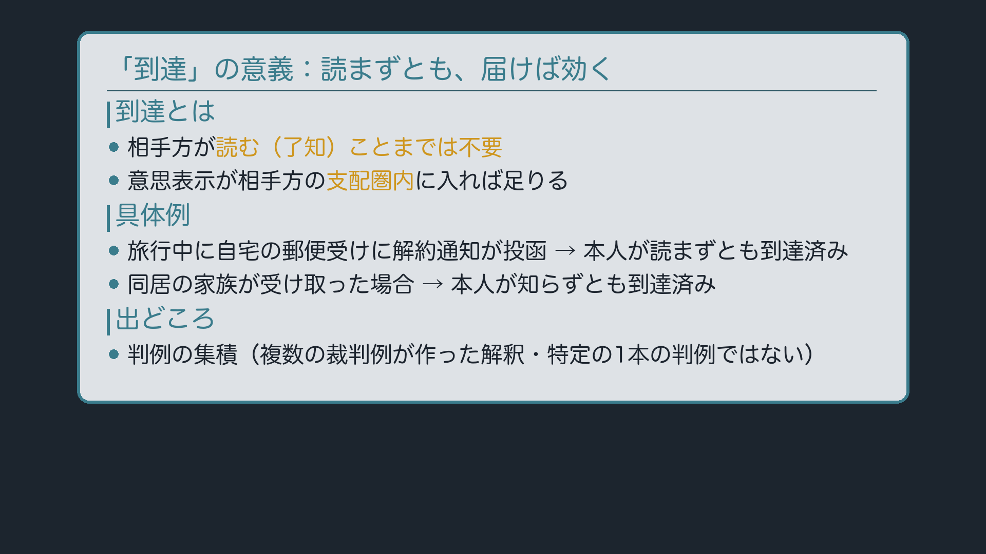 到達の意義:相手方の支配圏内に入れば足りる(了知は不要)
