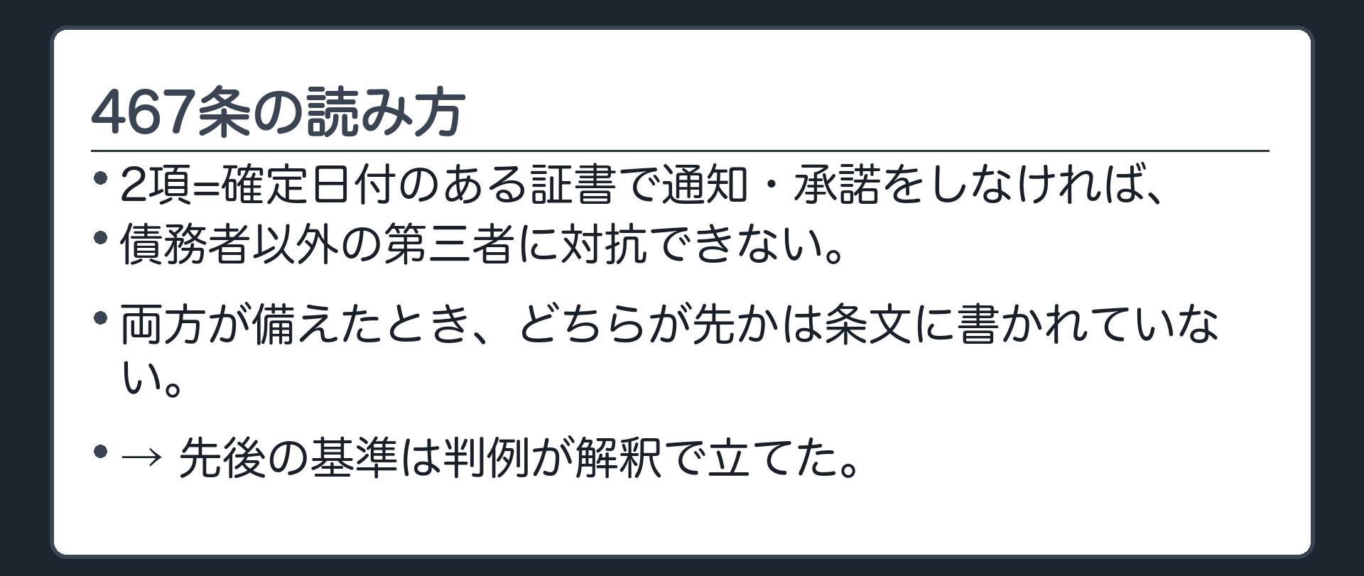 467条の読み方。2項=確定日付のある証書で通知・承諾をしなければ、債務者以外の第三者に対抗できない。両方が備えたとき、どちらが先かは条文に書かれていない。→ 先後の基準は判例が解釈で立てた。