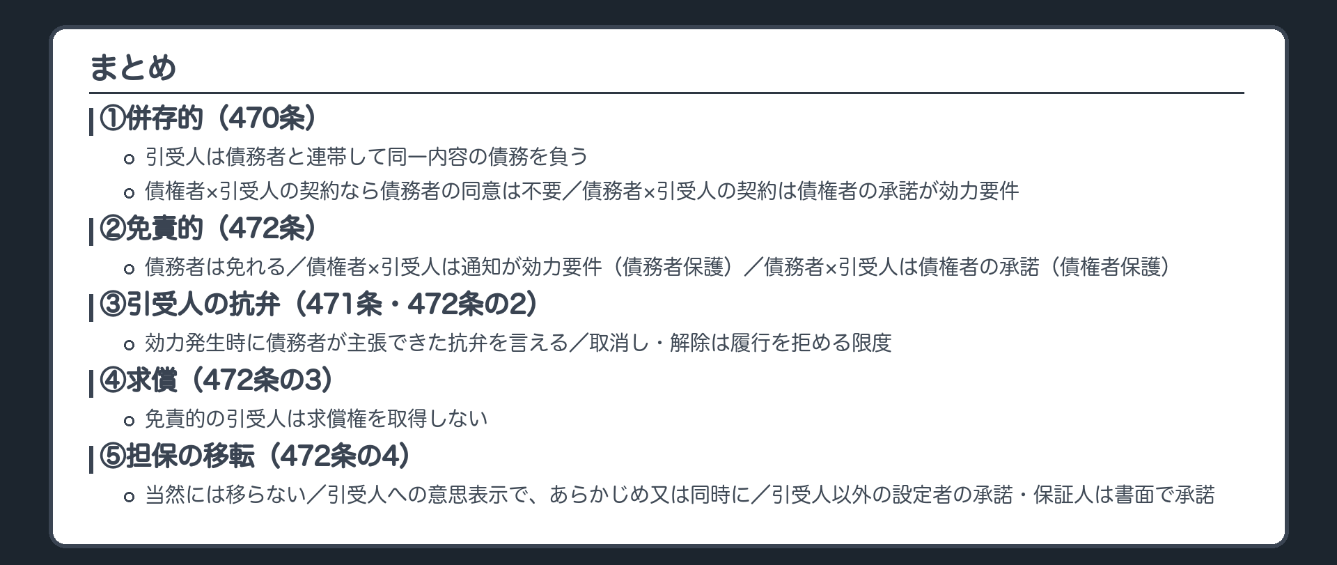 まとめ。①併存的=引受人は債務者と連帯して同一内容の債務を負う(470条)。債権者×引受人の契約なら債務者の同意は不要。債務者×引受人の契約だけ、債権者の承諾が効力要件(第三者のためにする契約)。②免責的=債務者は免れる(472条)。債権者×引受人は債権者の通知が効力要件(債務者保護)。債務者×引受人は債権者の承諾が必要(債権者保護)。債権者×引受人の契約なら、債務者の意思に反しても可。③引受人の抗弁=効力発生時に債務者が主張できた抗弁を言える。取消し・解除は自分ではできず、履行を拒める限度(471条2項・472条の2第2項)。④免責的の引受人は求償権を取得しない(472条の3)。⑤免責的は担保が当然には移らない。引受人に対する意思表示で、あらかじめ又は同時に移す。引受人以外の設定者の承諾が要る。保証人の承諾は書面(472条の4)。