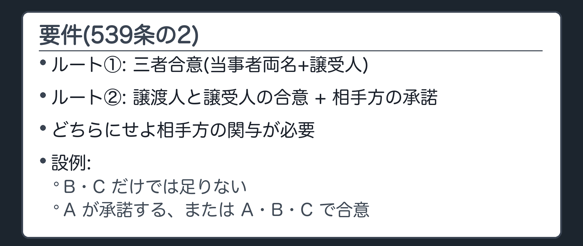 契約上の地位の移転の要件。ルート①=契約の両当事者と譲受人の三者合意。ルート②=契約の一方当事者(譲渡人)と譲受人の合意+契約の相手方の承諾。設例=B小売チェーンとC親会社だけの合意では足りない。A卸会社が承諾する。または、A・B・Cの三者で合意する。