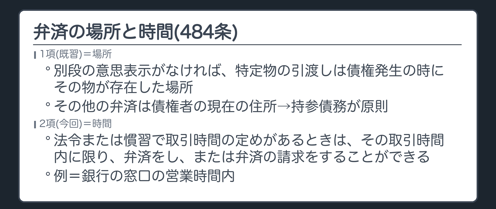 484条。1項(既習)=場所について別段の意思表示がなければ、特定物の引渡しは債権発生の時にその物が存在した場所、その他の弁済は債権者の現在の住所→持参債務が原則。2項(今回)=法令または慣習で取引時間の定めがあるときは、その取引時間内に限り、弁済をし、または弁済の請求をすることができる。例=銀行の窓口の営業時間内。