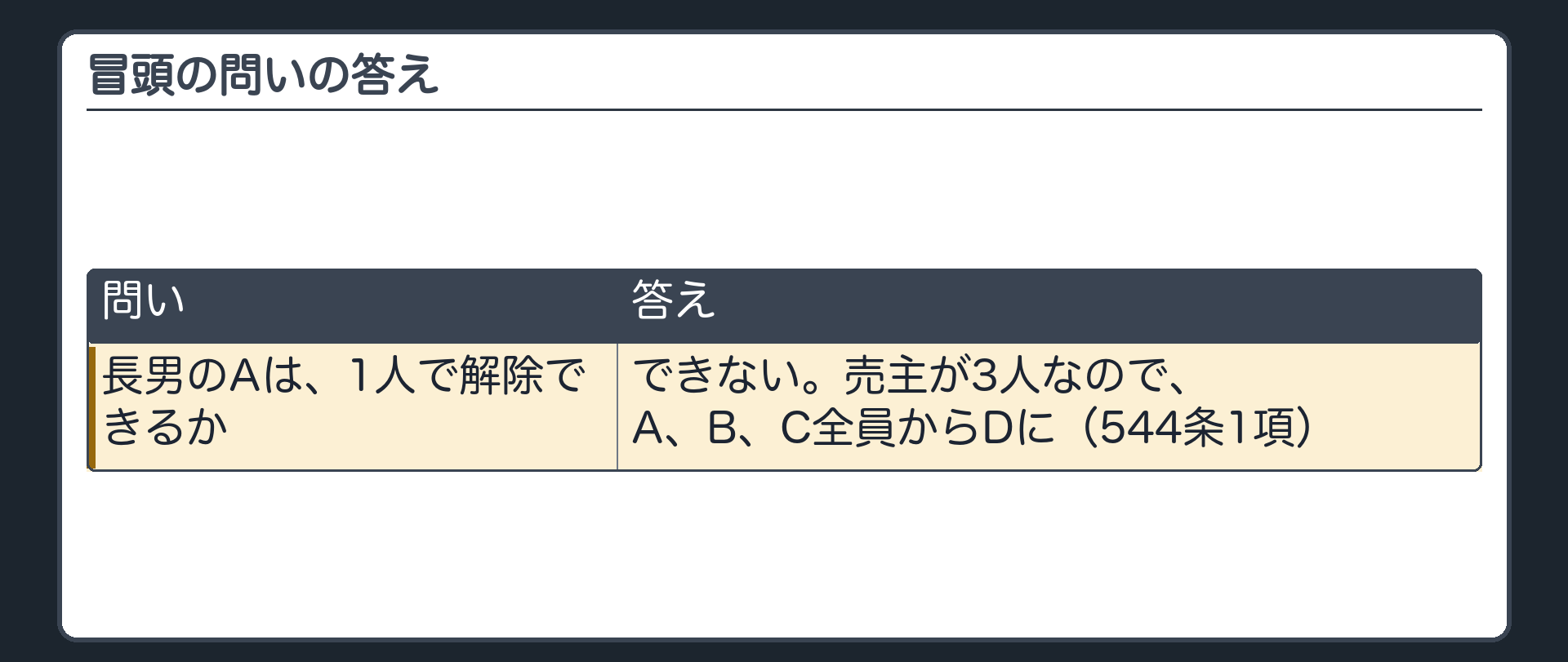 冒頭の答え合わせ。長男のAは、1人では解除できない。売主が3人なので、A、B、C全員からDに（544条1項）。