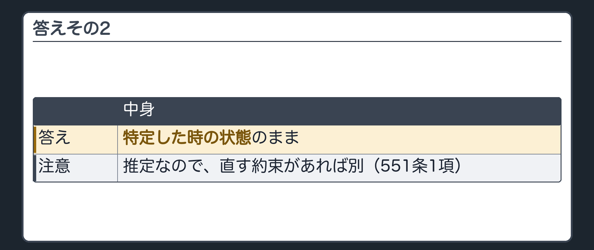 答えその2。特定した時の状態のまま。推定なので、直す約束があれば別(551条1項)。
