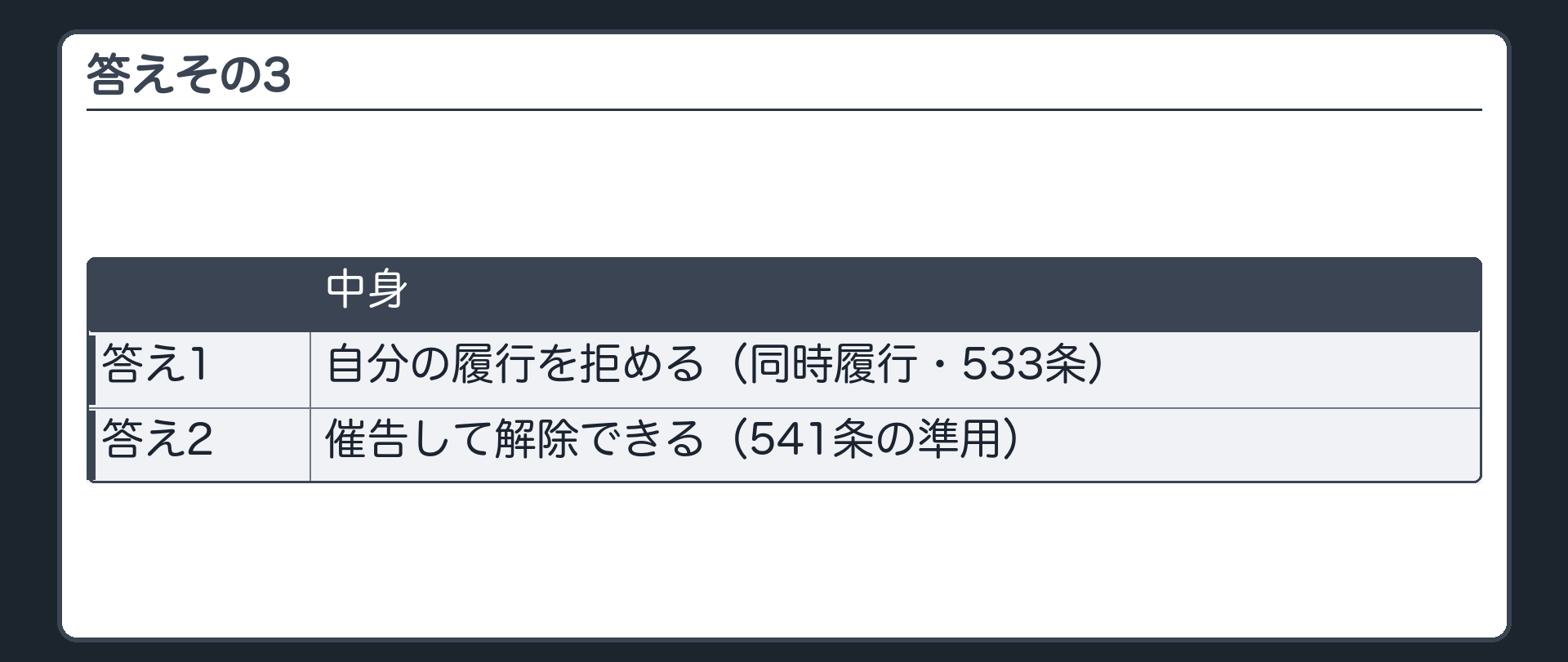 答えその3。自分の履行を拒める(同時履行・533条)。催告して解除できる(541条の準用)。