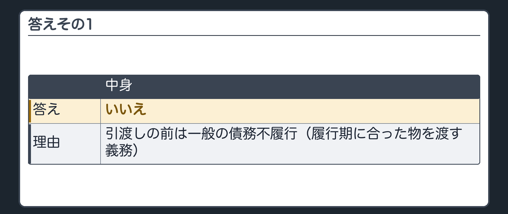 答えその1。いいえ。引渡しの前は一般の債務不履行(履行期に合った物を渡す義務)。