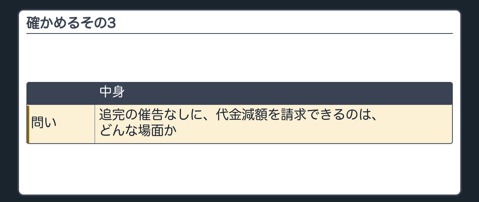 確かめるその3。追完の催告なしに、代金減額を請求できるのは、どんな場面か。