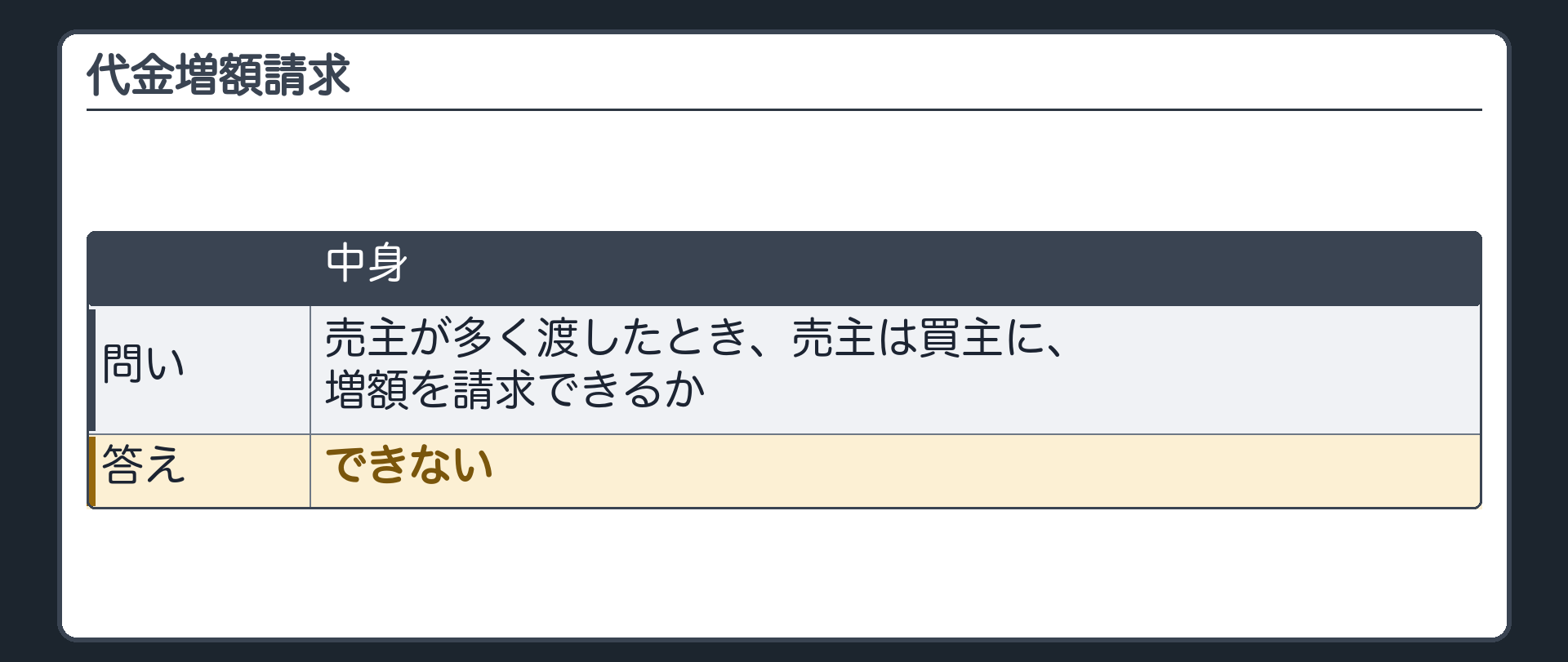 代金増額請求。売主が多く渡したとき、売主は買主に、増額を請求できるか。できない。