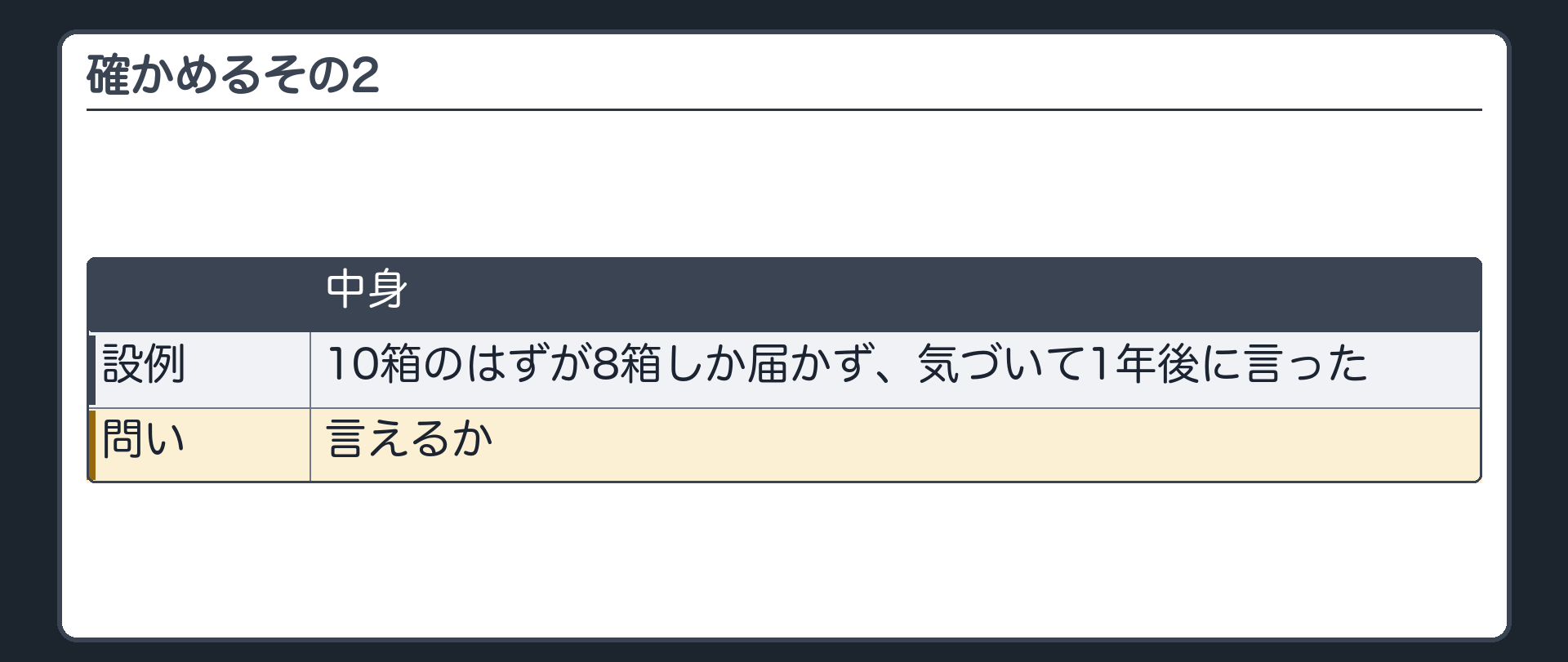 確かめるその2。10箱のはずが8箱しか届かず、気づいて1年後に言った。言えるか。