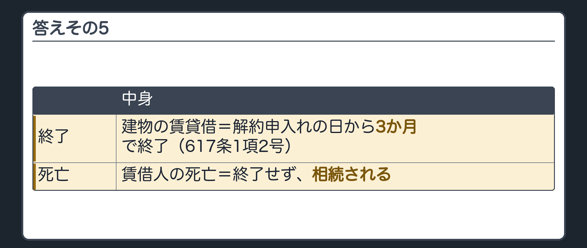 答えその5。建物の賃貸借=解約申入れの日から3か月で終了(617条1項2号)。賃借人の死亡=終了せず、相続される。