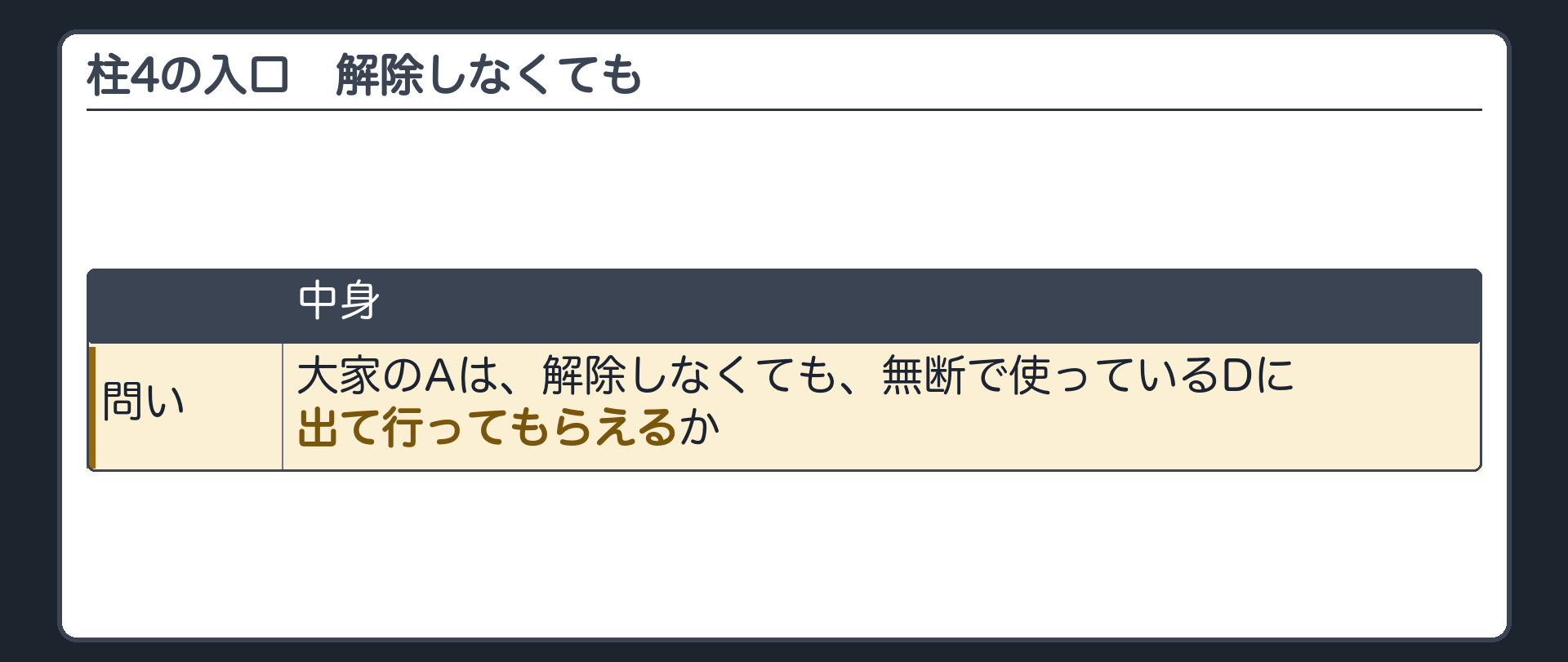 4つめの柱の入口。大家のAは、解除しなくても、無断で使っているDに出て行ってもらえるか。